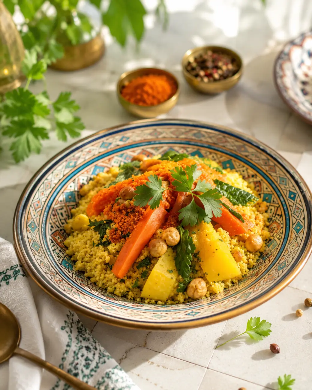 Moroccan couscous with vegetables in a ceramic bowl — ExoticMorocco Moroccan couscous with vegetables in a ceramic bowl — ExoticMorocco