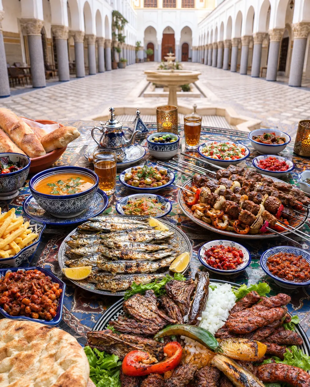 Dinner | Moroccan meals image | ExoticMorocco Moroccan dinner spread with grilled meats, fish and side dishes — ExoticMorocco