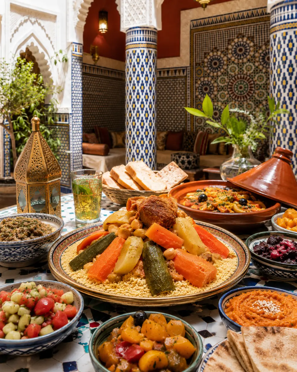 Lunch | Moroccan meals image | ExoticMorocco Moroccan lunch table with couscous, salads and shared dishes — ExoticMorocco