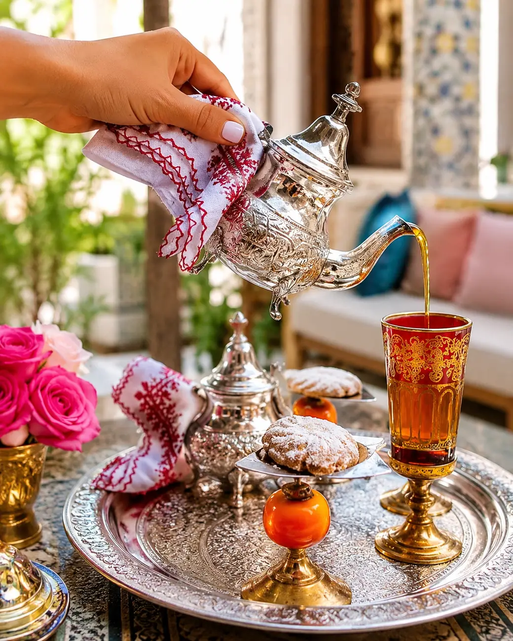 Moroccan mint tea being poured into a decorated glass — ExoticMorocco Moroccan mint tea being poured into a decorated glass — ExoticMorocco