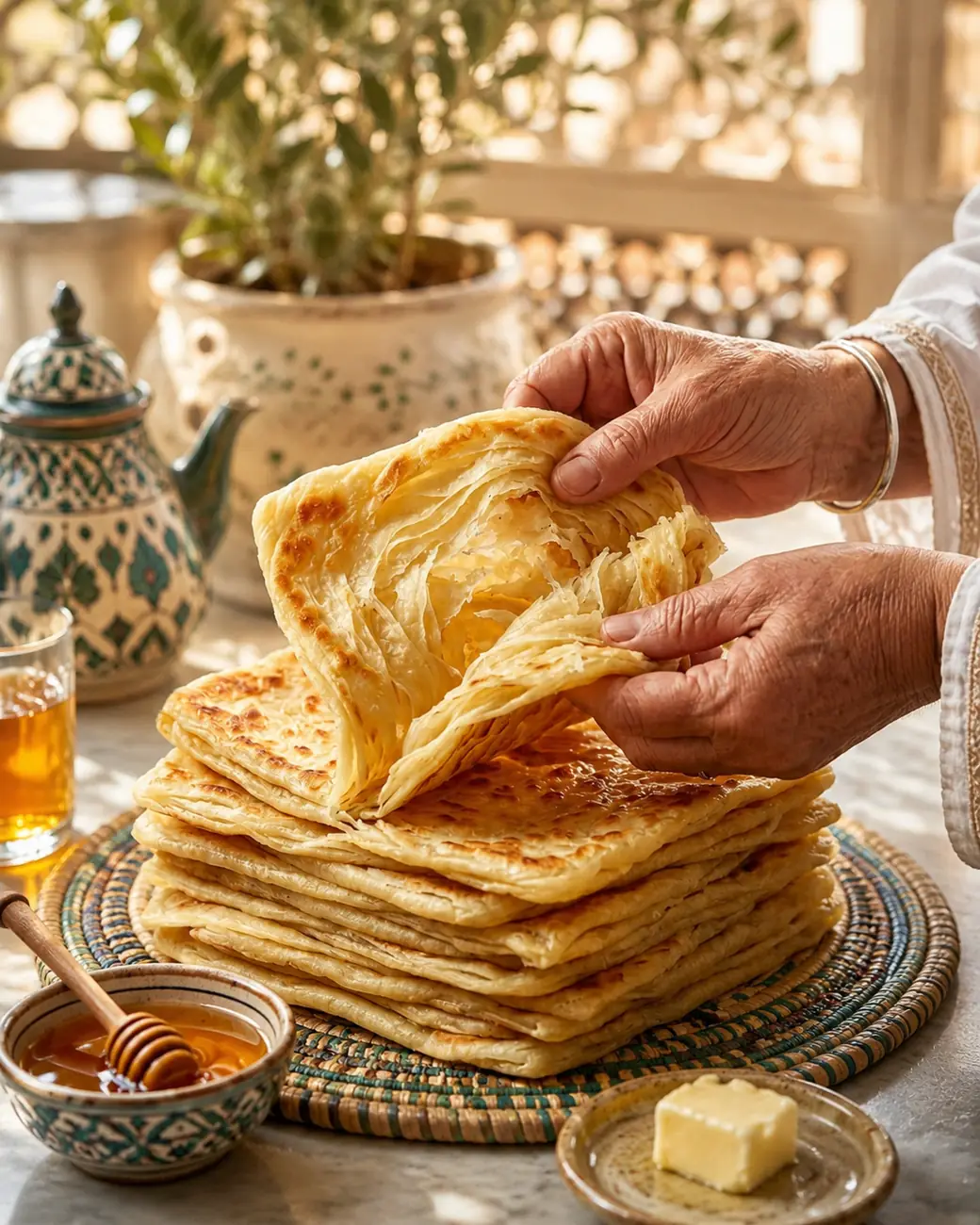 Moroccan msemen layered flatbread with honey — ExoticMorocco Moroccan msemen layered flatbread with honey — ExoticMorocco