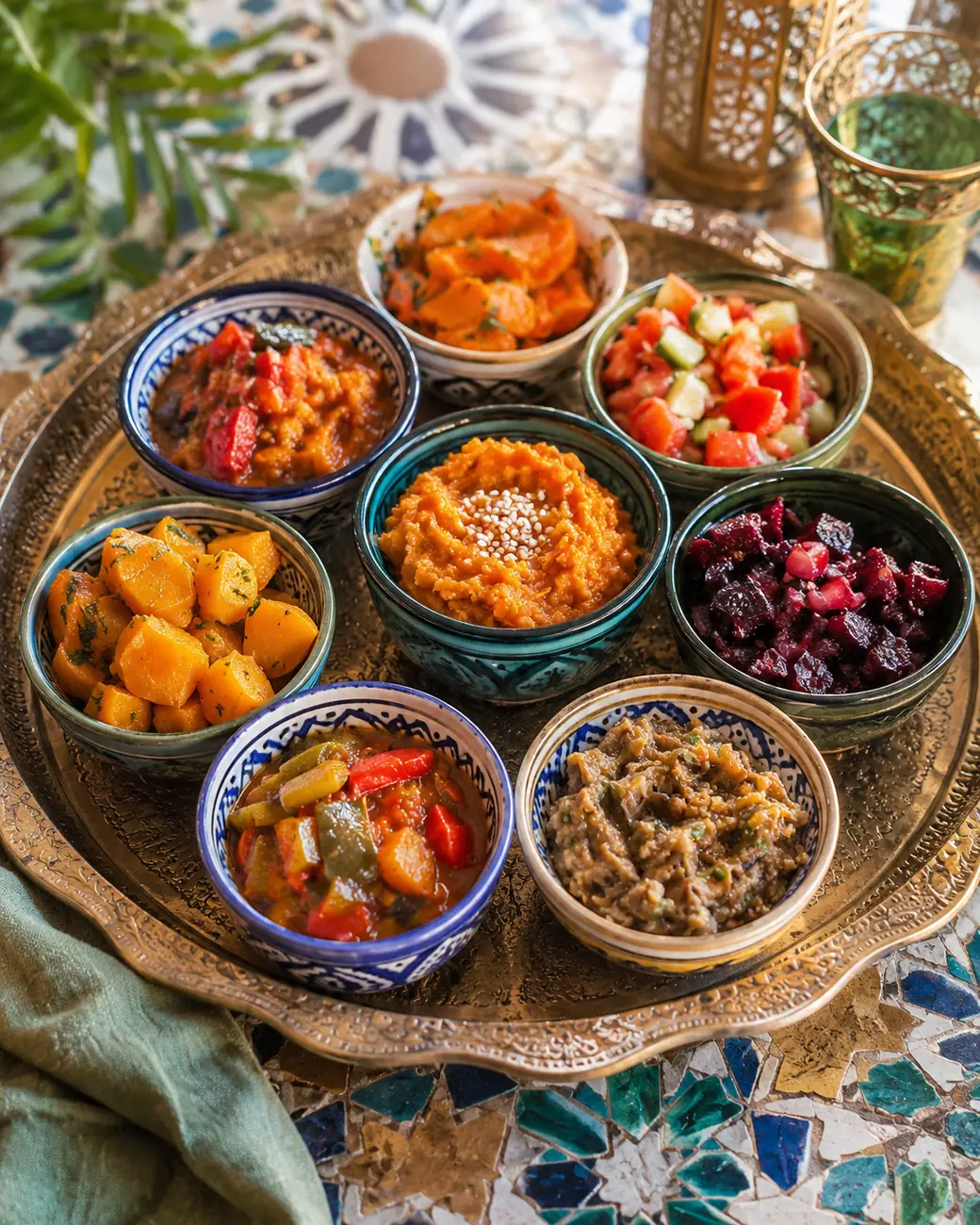 Moroccan Salads | Moroccan recipe image | ExoticMorocco Moroccan salads assortment on a traditional serving tray — ExoticMorocco