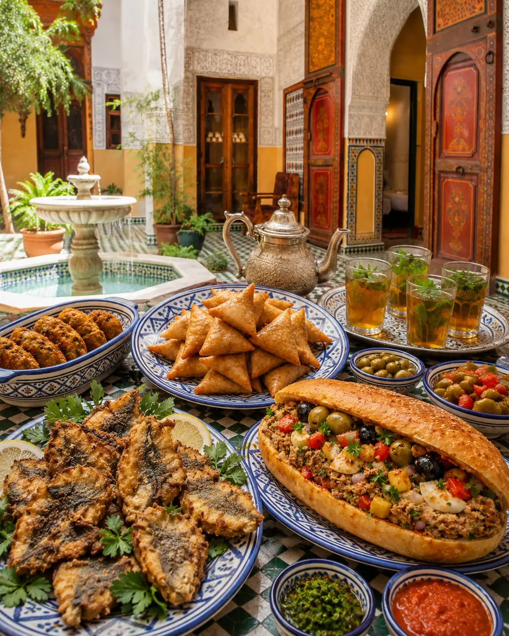 Market snacks | Moroccan meals image | ExoticMorocco Moroccan street food and snack table with briouats, sardines, maakouda and sandwiches — ExoticMorocco