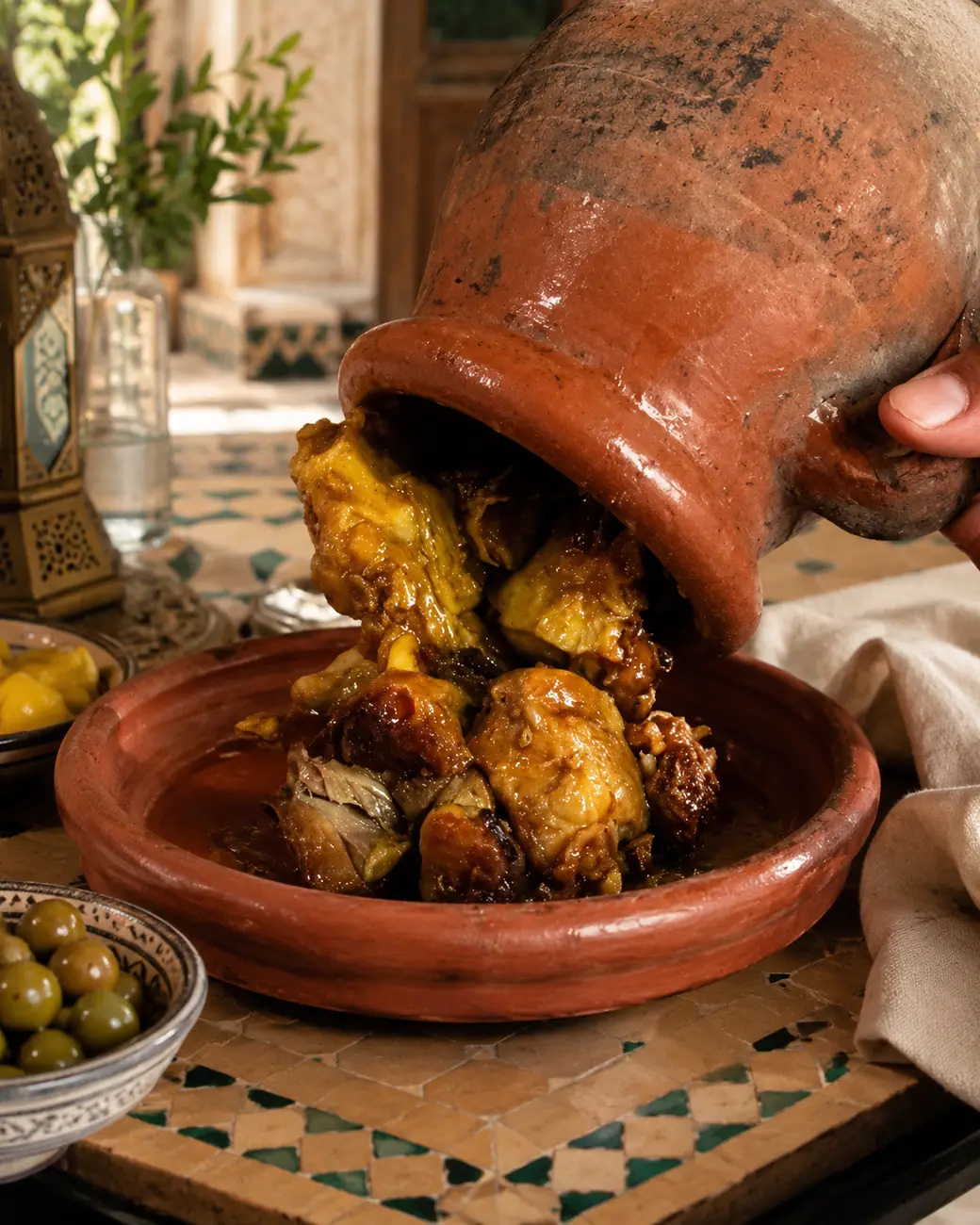 Moroccan tanjia being poured from a clay pot — ExoticMorocco Moroccan tanjia being poured from a clay pot — ExoticMorocco