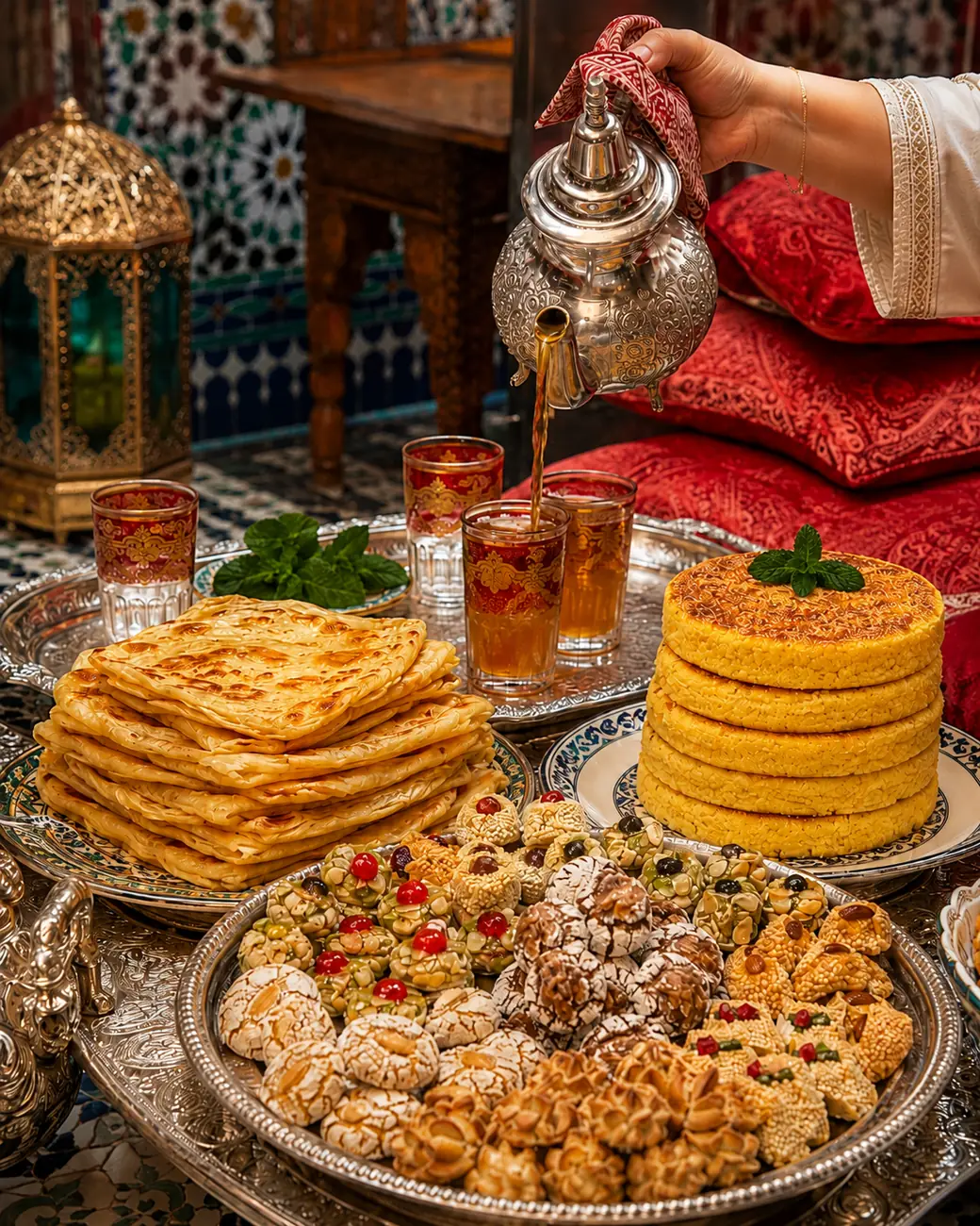 Tea | Moroccan meals image | ExoticMorocco Moroccan tea and pastries table with mint tea, msemen and sweets — ExoticMorocco