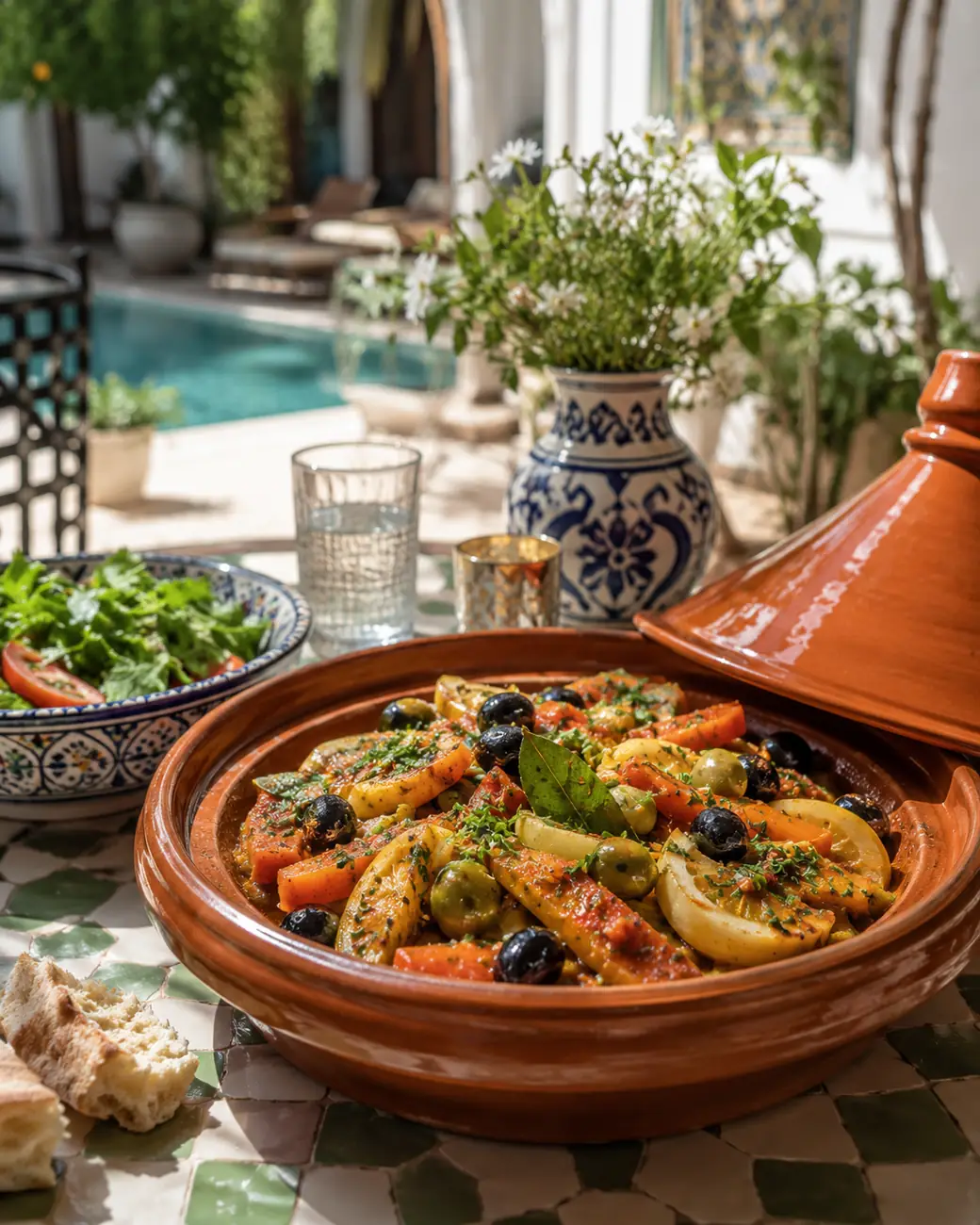 Moroccan vegetable tagine in a riad courtyard — Exotic Morocco