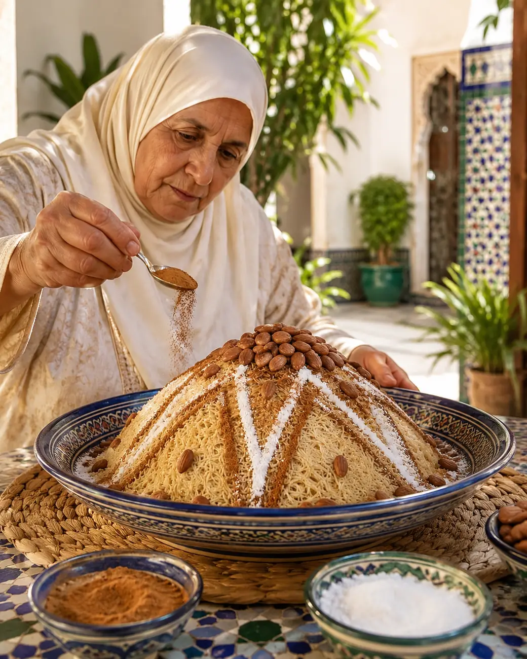 Seffa | Moroccan recipe image | ExoticMorocco Seffa decorated with cinnamon, sugar and almonds — ExoticMorocco