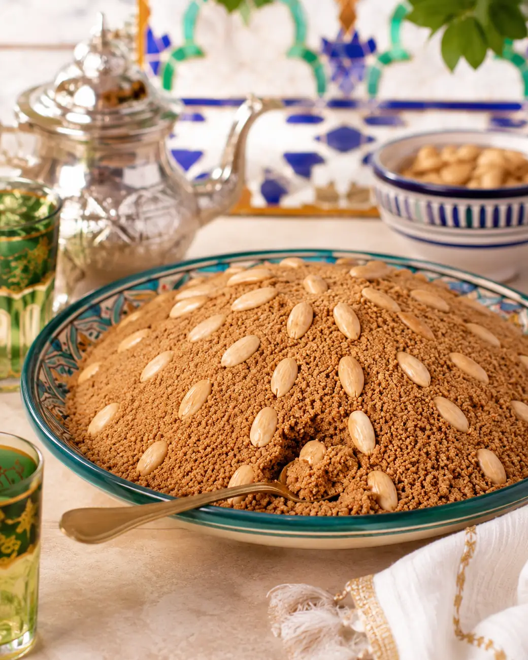 Sellou | Moroccan recipe image | ExoticMorocco Sellou dessert mound topped with almonds on a large platter — ExoticMorocco