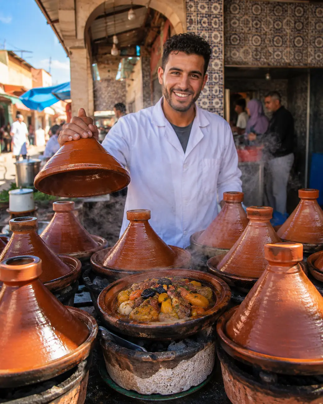 Slow cooking tagines in a Moroccan market — Exotic Morocco