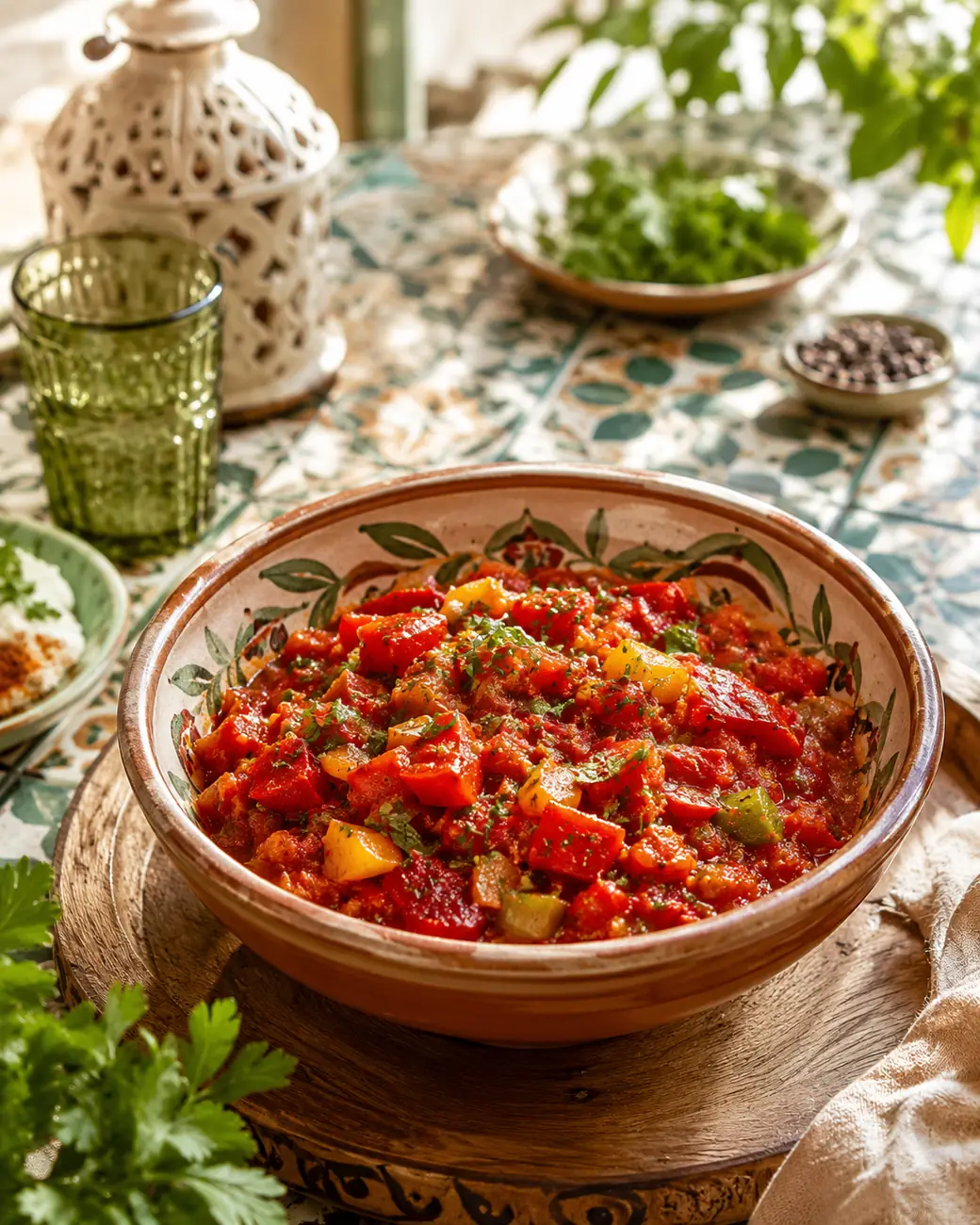 Taktouka | Moroccan recipe image | ExoticMorocco Taktouka tomato and pepper salad in a rustic bowl — ExoticMorocco