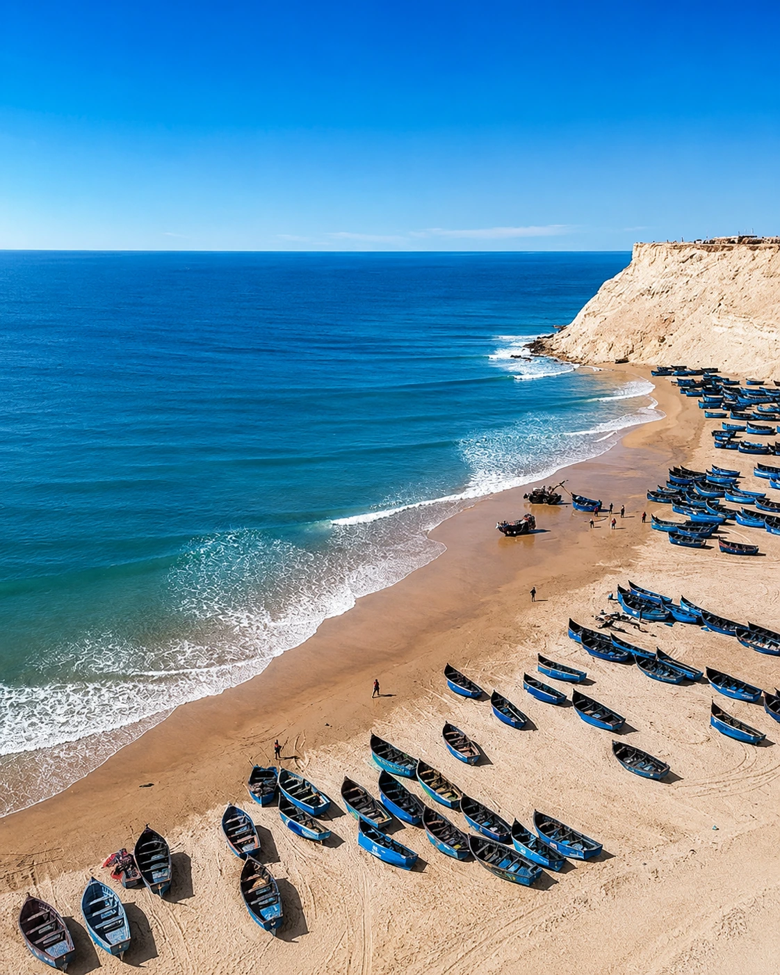 Sidi Kaouki Atlantic beach and fishing boats in Morocco
