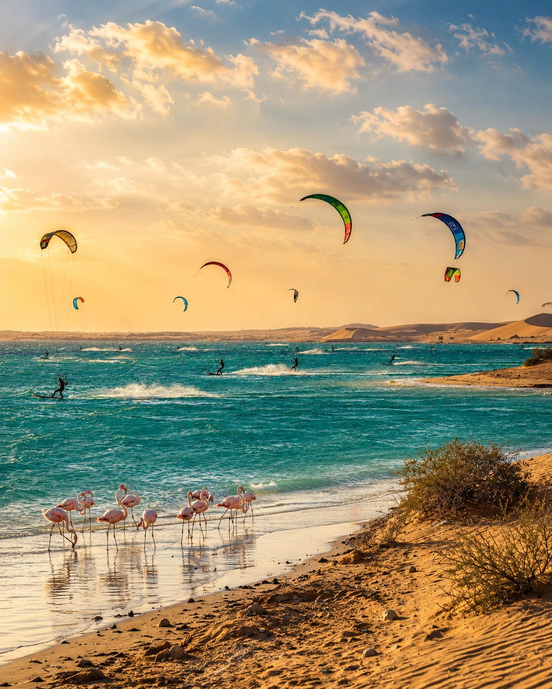 Dakhla Lagoon with flamingos and kitesurfers in southern Morocco