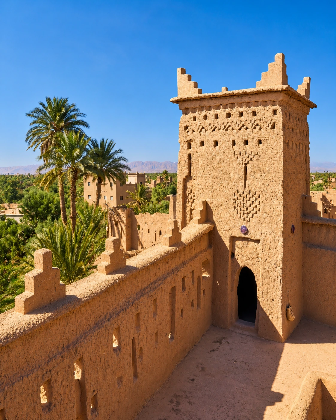 Skoura palm grove and earthen kasbah tower in southern Morocco