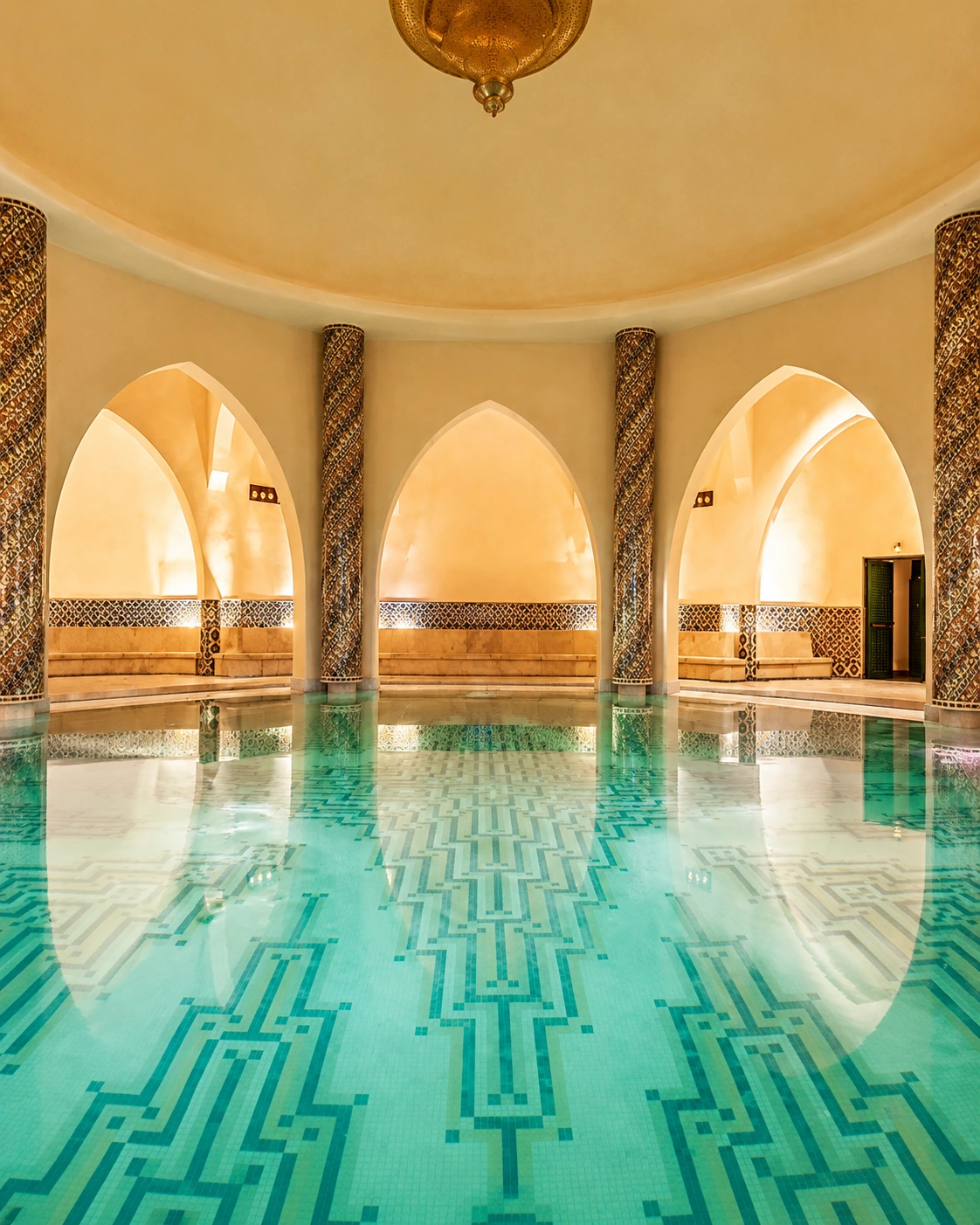 Moulay Yacoub thermal pool hall with arches, mosaic columns and turquoise water