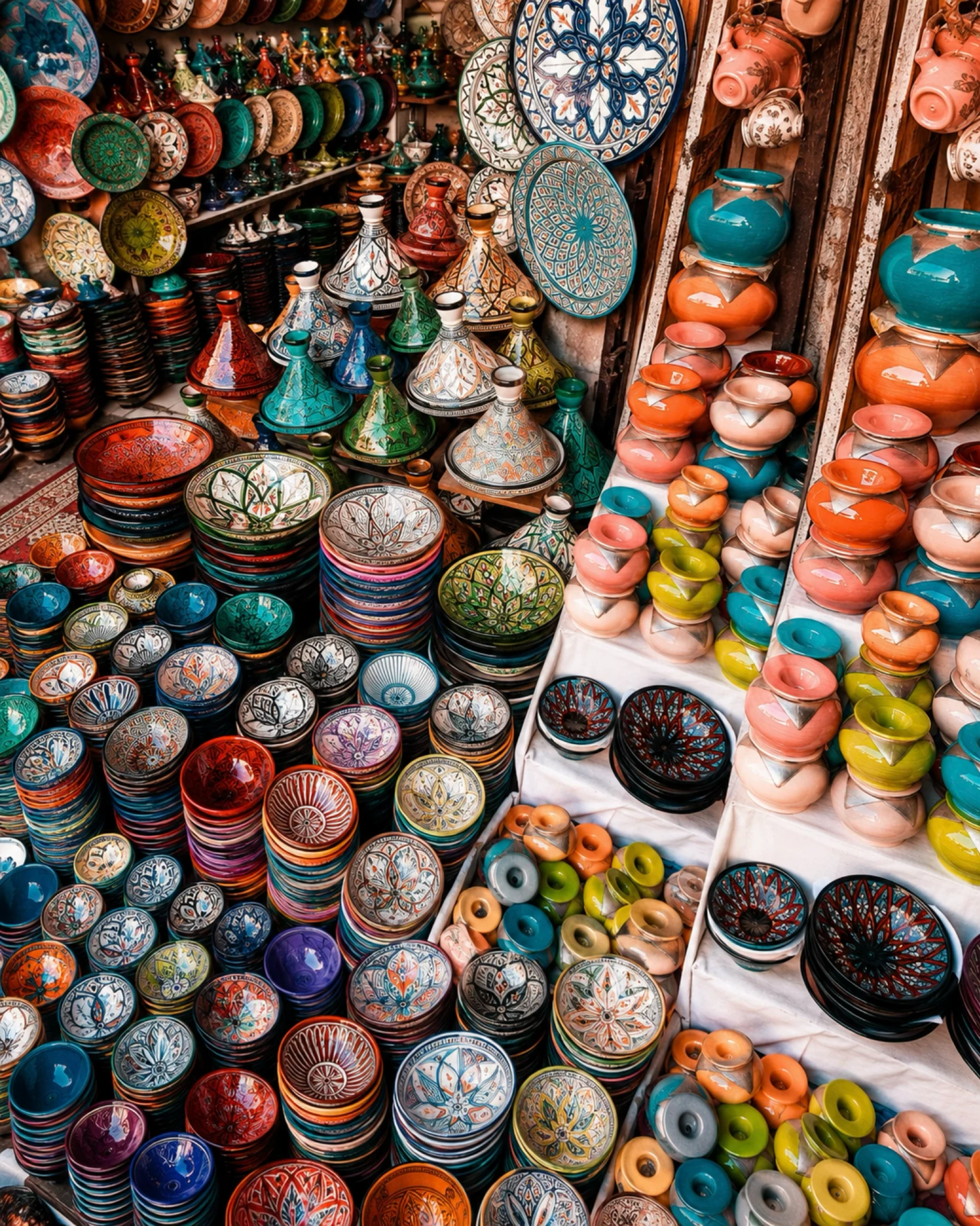 Explore Themes — colorful Moroccan ceramics, tagines and artisan pottery in a vibrant market display