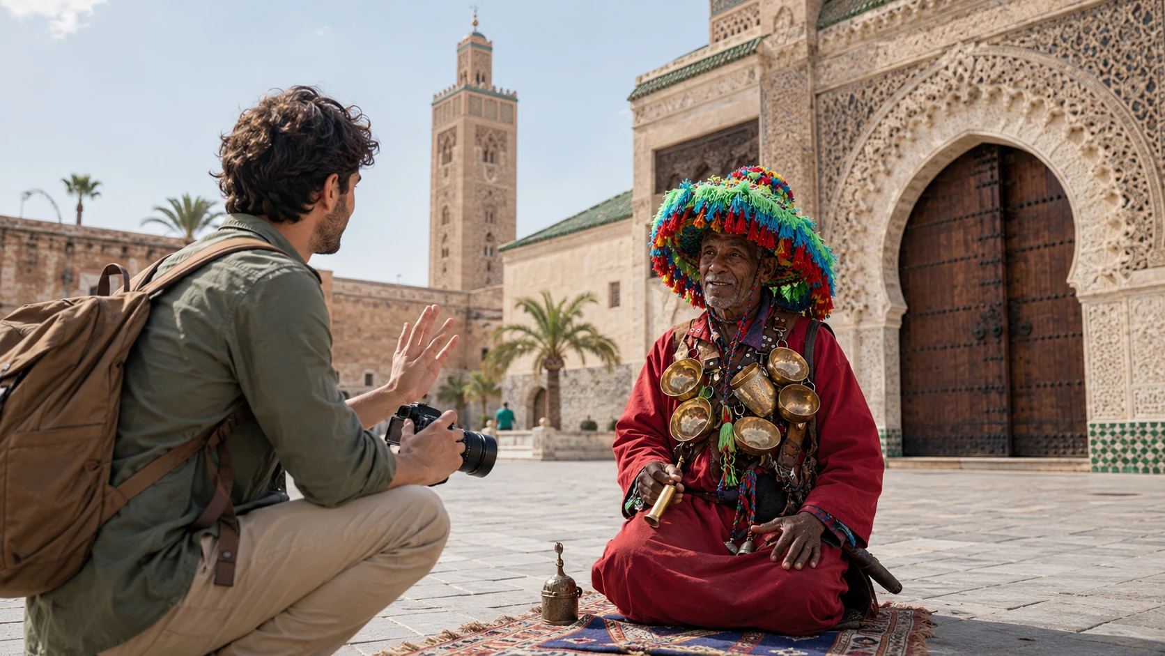 Read Stories — traveller speaking with a Moroccan Gnawa performer in Marrakech