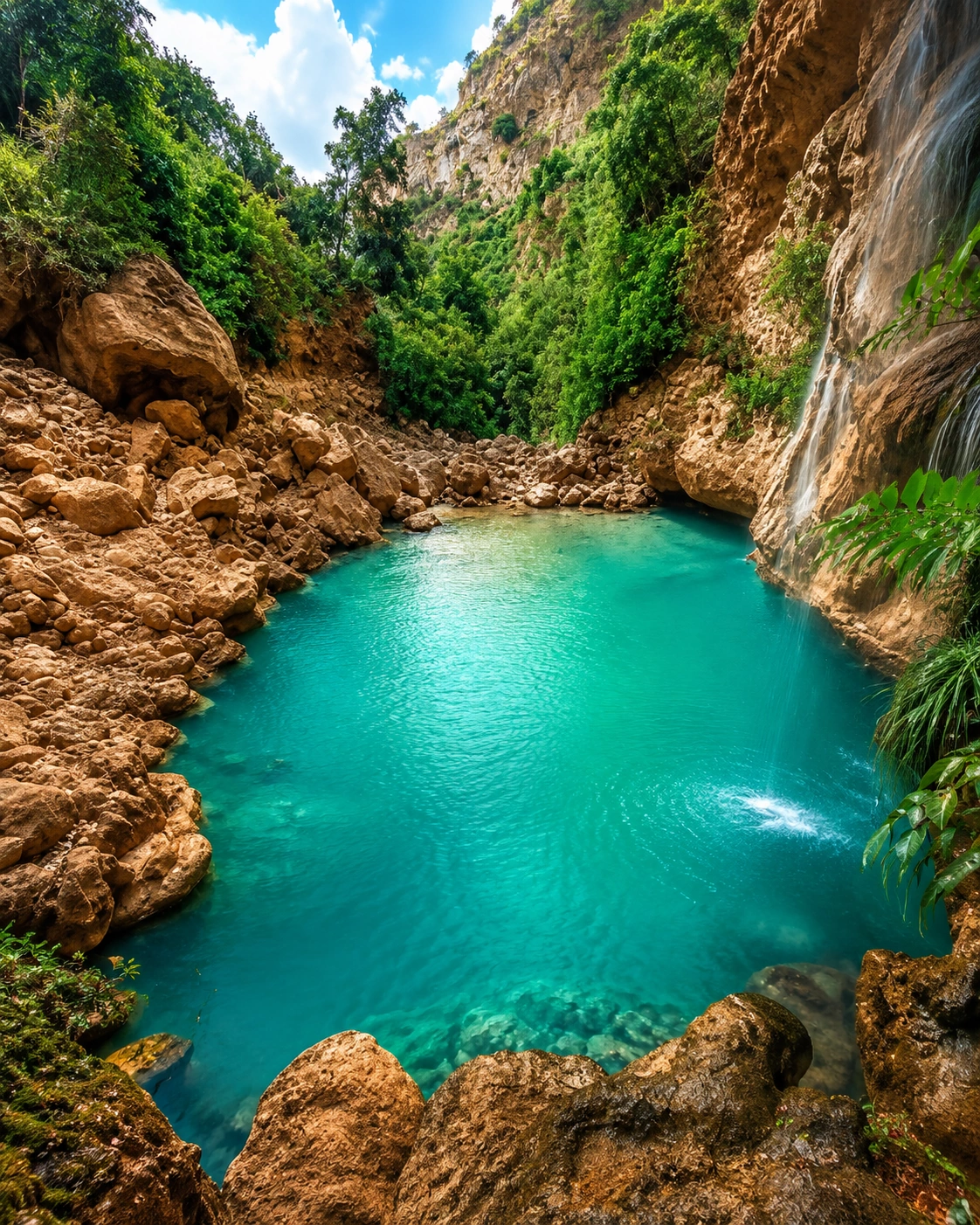 Akchour turquoise pool and waterfall in the Rif mountains