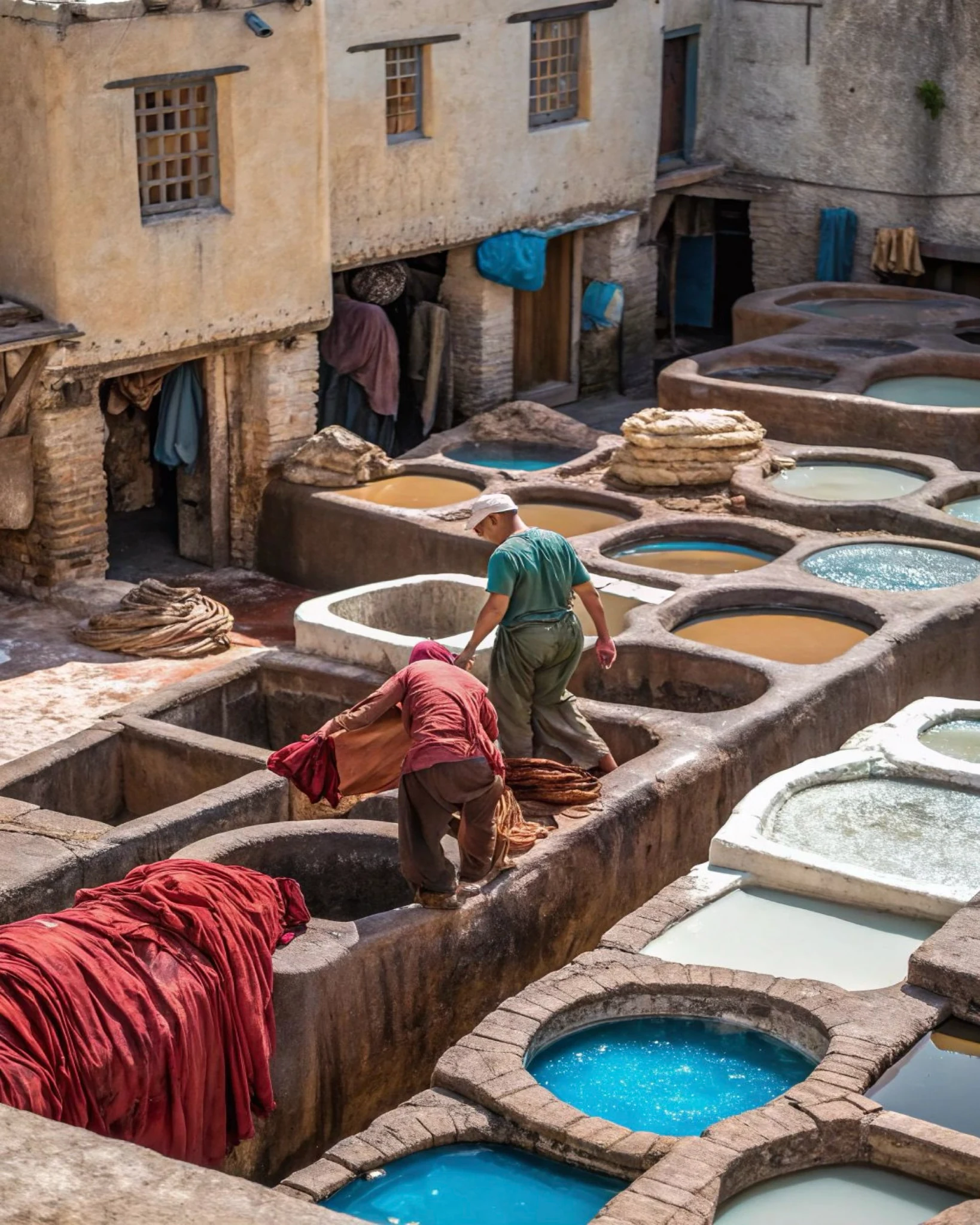 Chouara Tannery dyeing vats and leather craft workers in Fès, Morocco