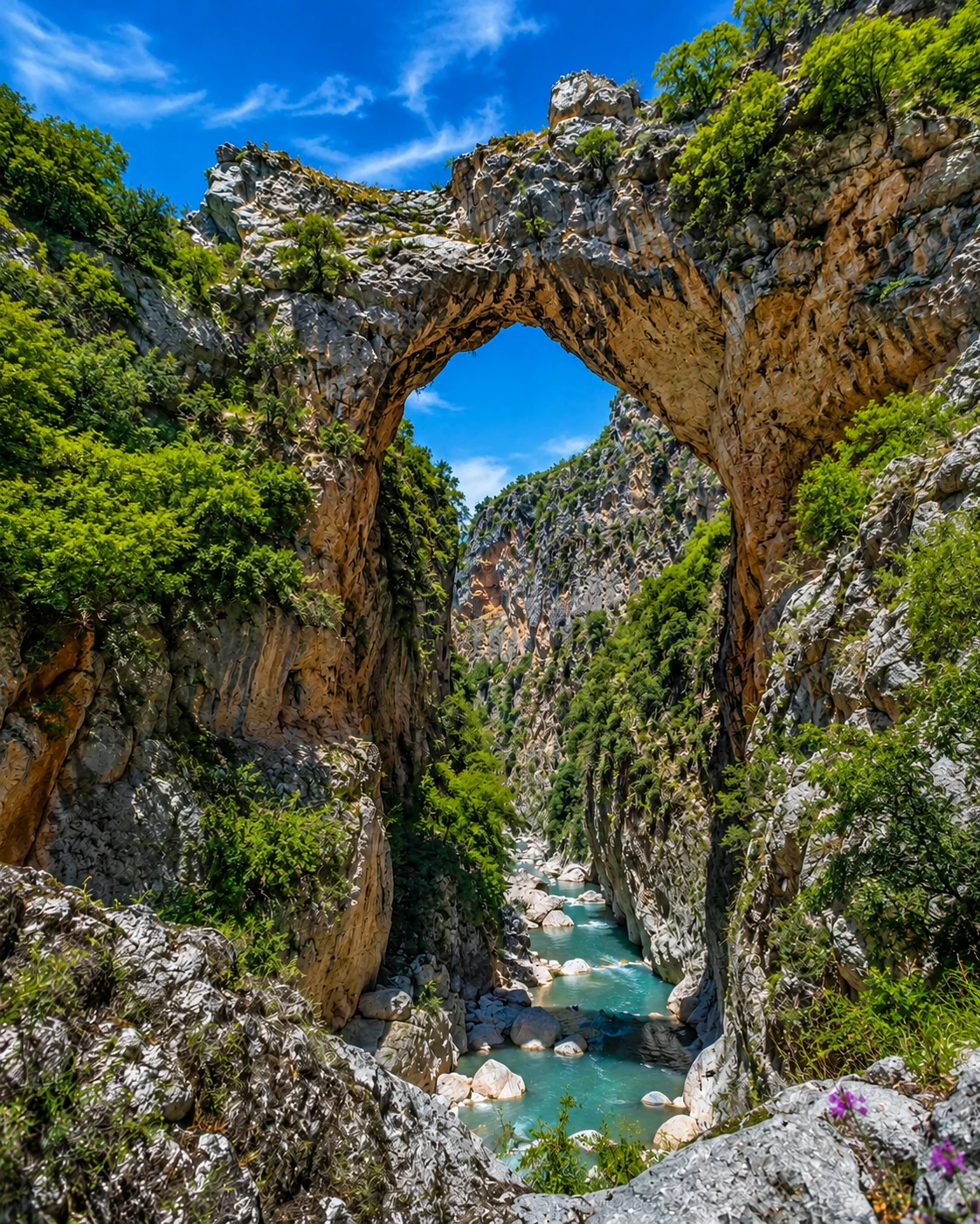 God’s Bridge natural rock arch in Akchour valley