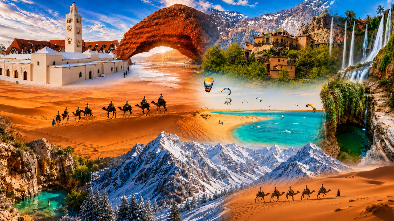 Regions — Morocco landscapes from coast, Atlas, waterfalls, oasis and Sahara