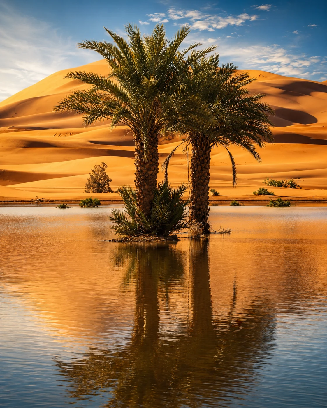Lake Yasmina, Merzouga with desert palms and dune reflections