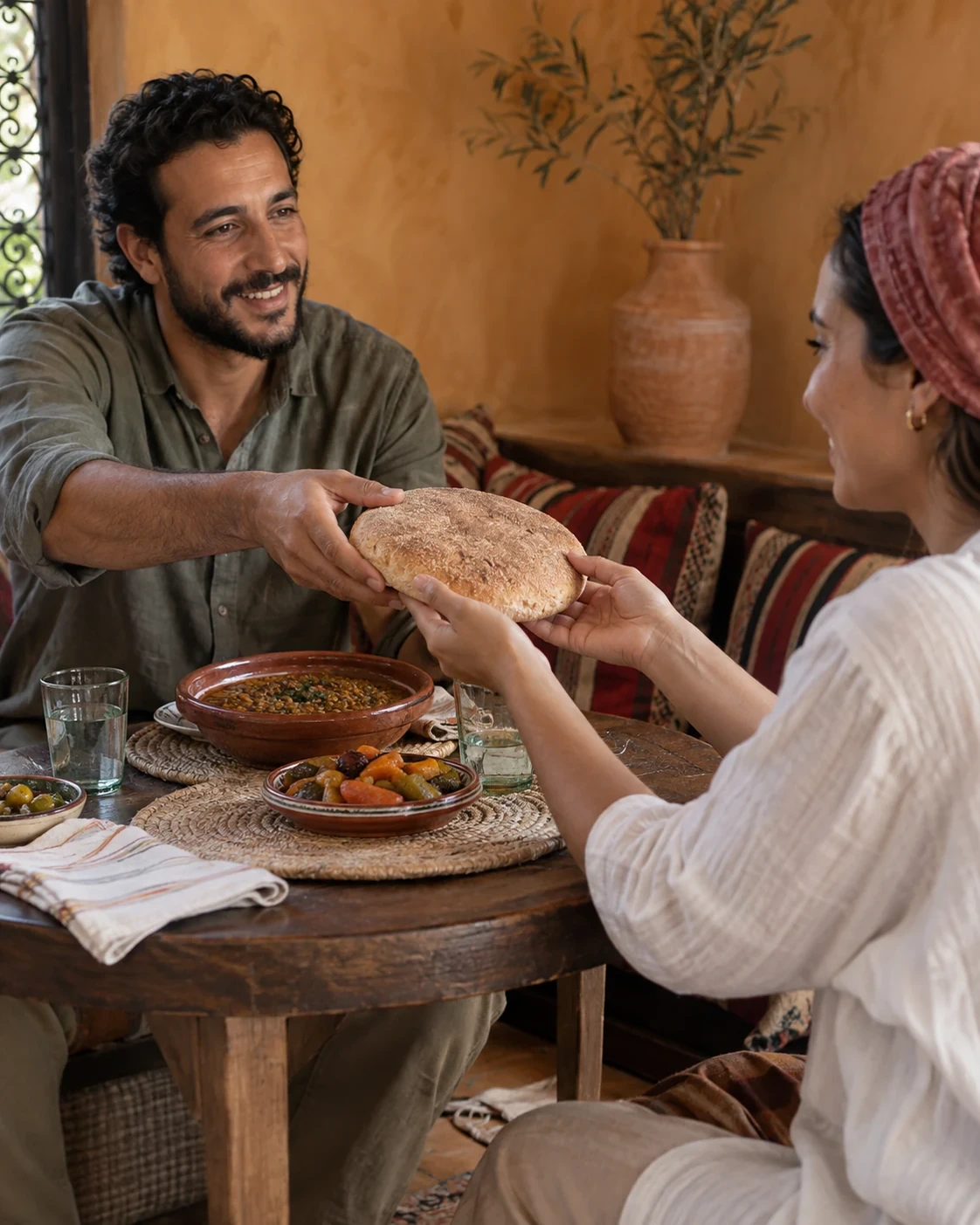 Round Moroccan bread on a breakfast table
