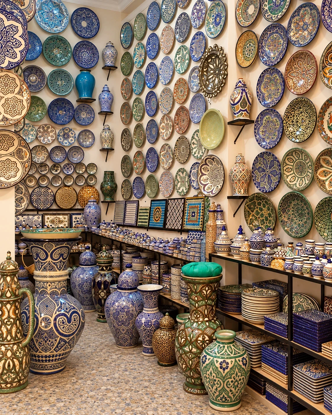 Wall and shelves filled with painted Moroccan ceramic plates and vessels
