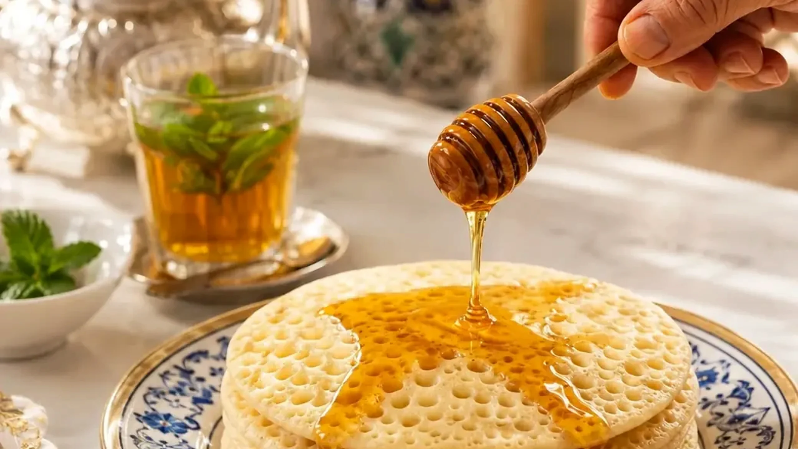 Warm Moroccan breakfast setting with baghrir pancakes, mint tea and honey being poured over the porous surface