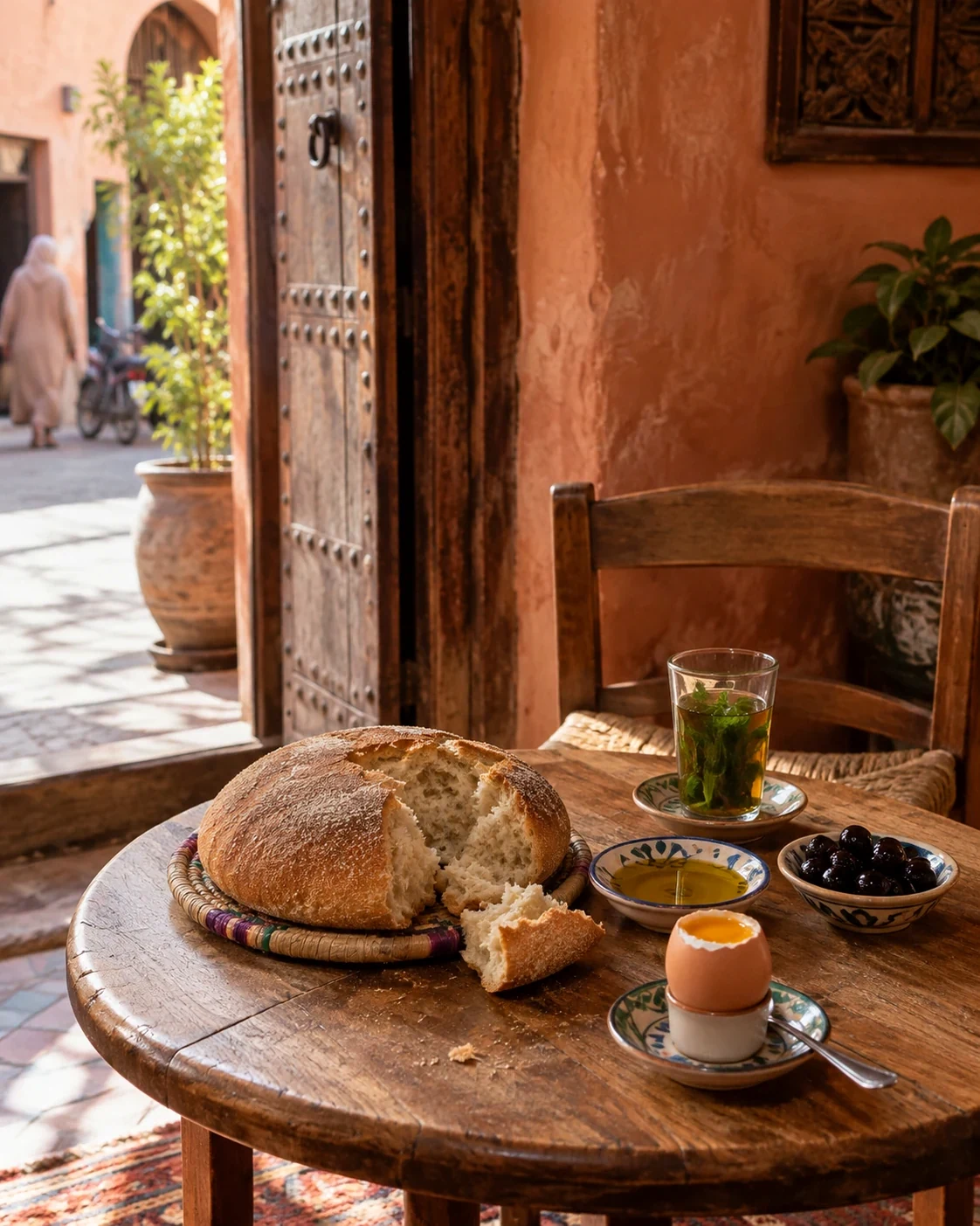 A simple Moroccan morning table beside a medina doorway