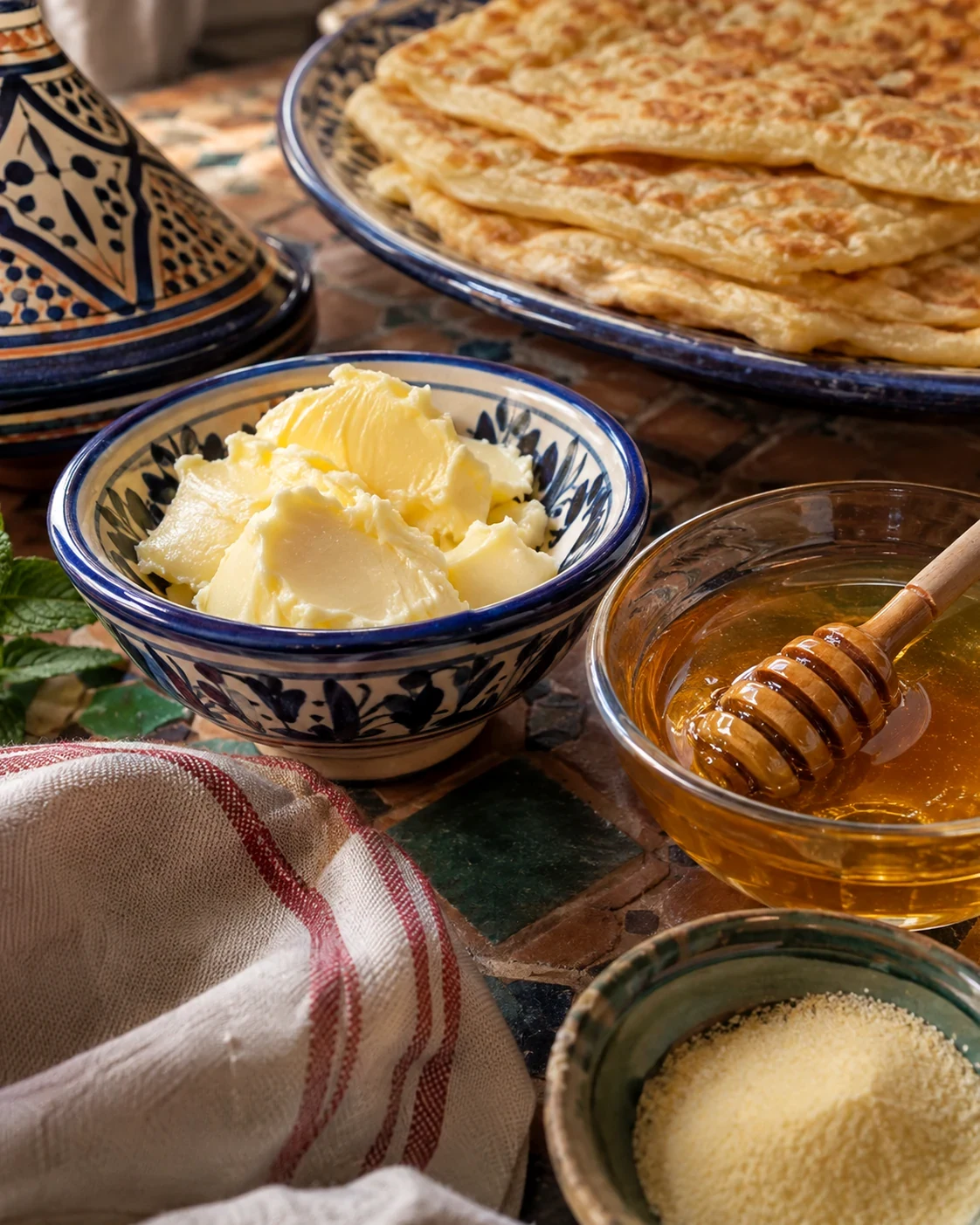 Butter and honey at a Moroccan breakfast table