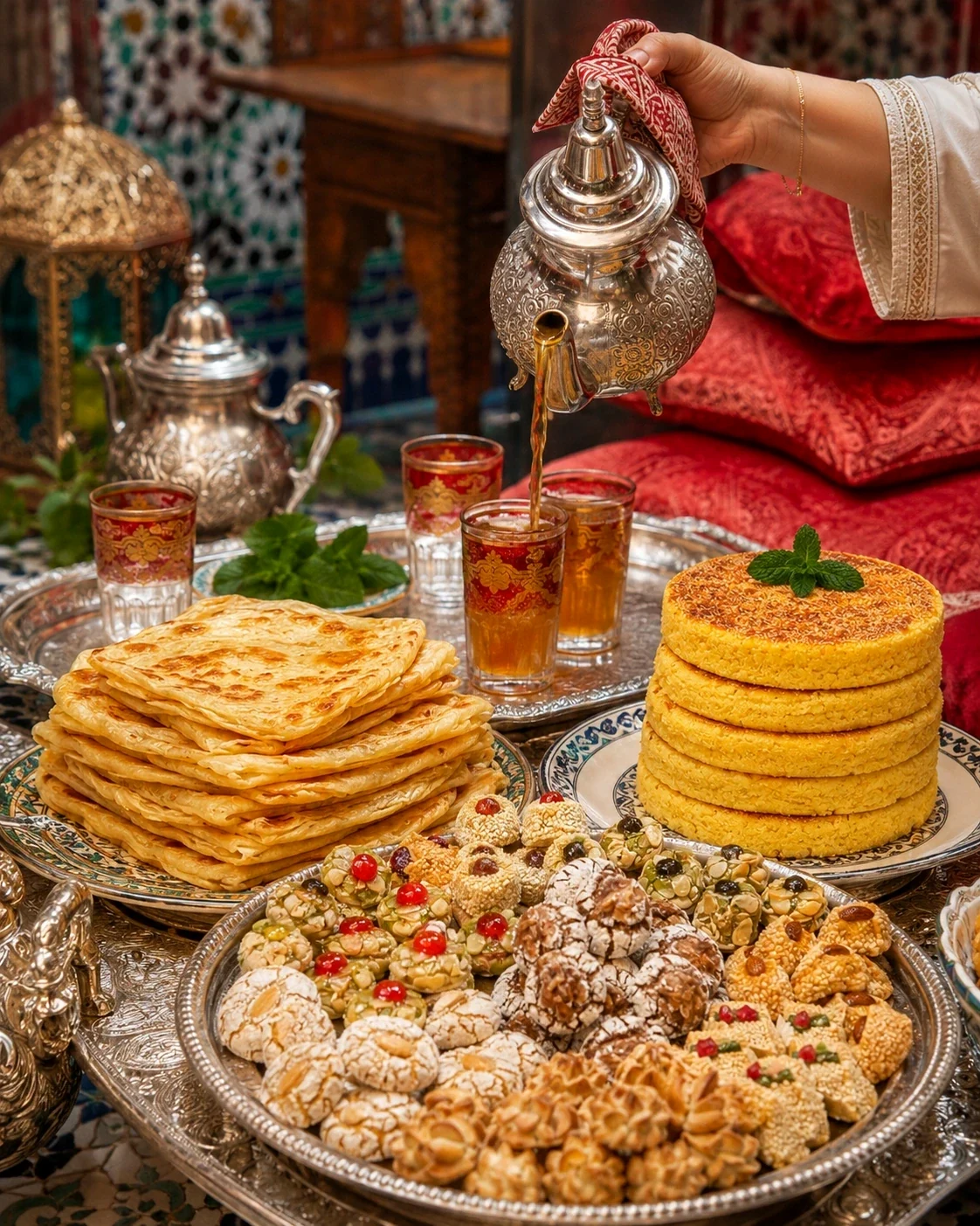 A Moroccan tea-time spread with breads, sweets and mint tea
