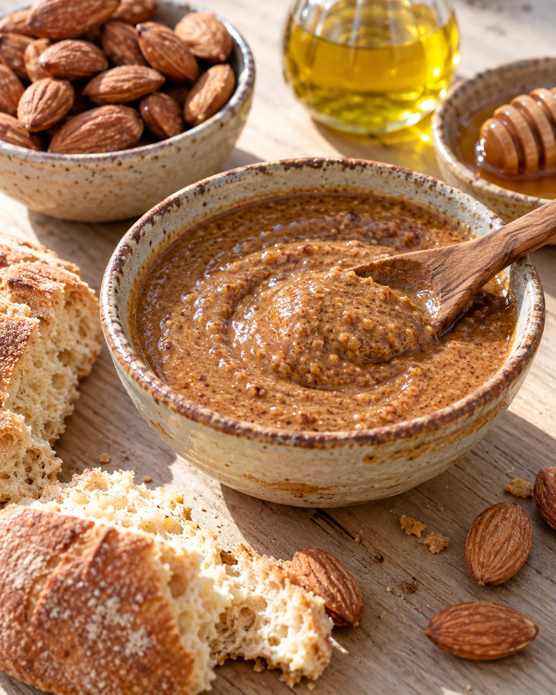 A small bowl of almond and argan-oil amlou beside toasted almonds and bread