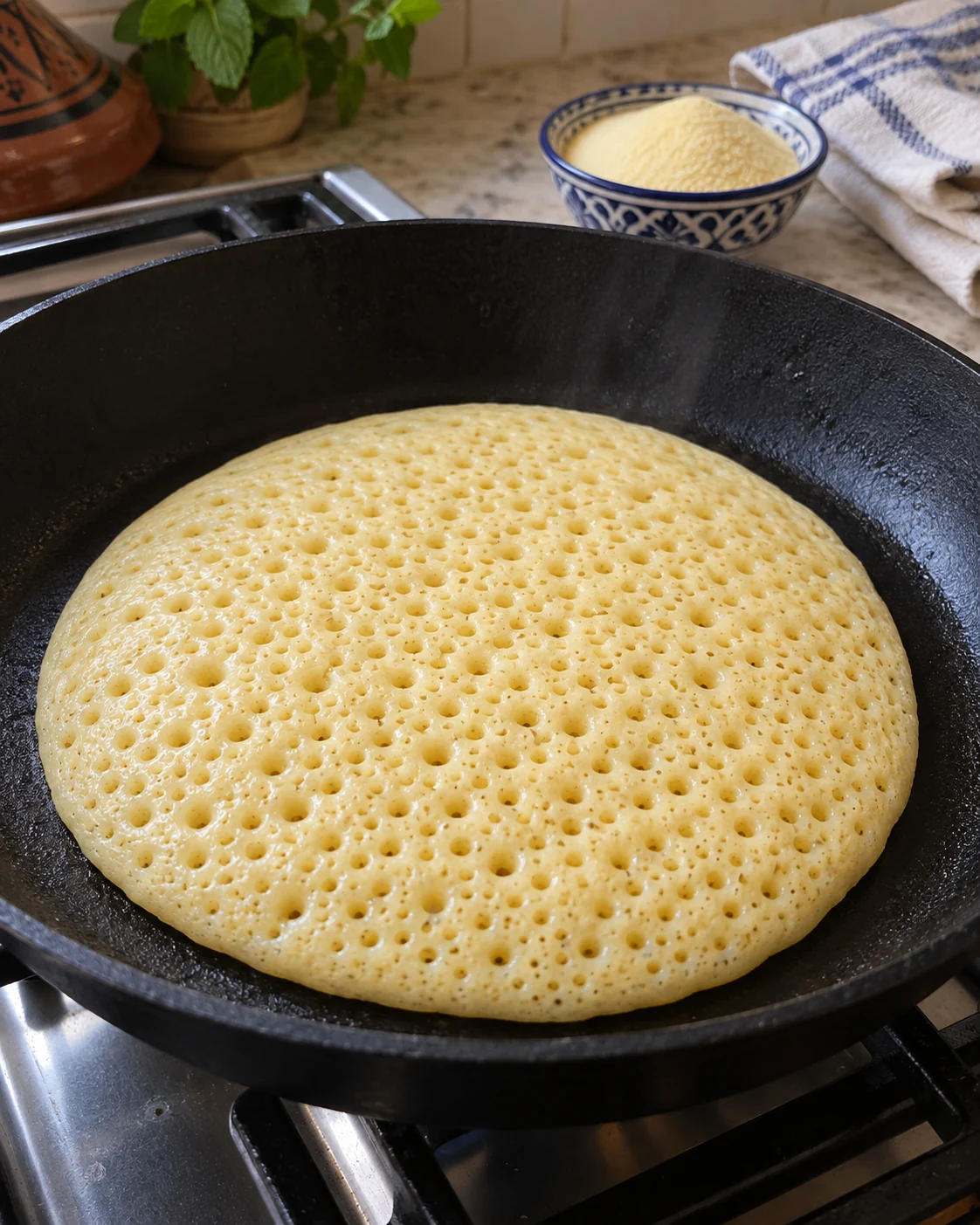 Baghrir in a skillet as small holes form across its surface