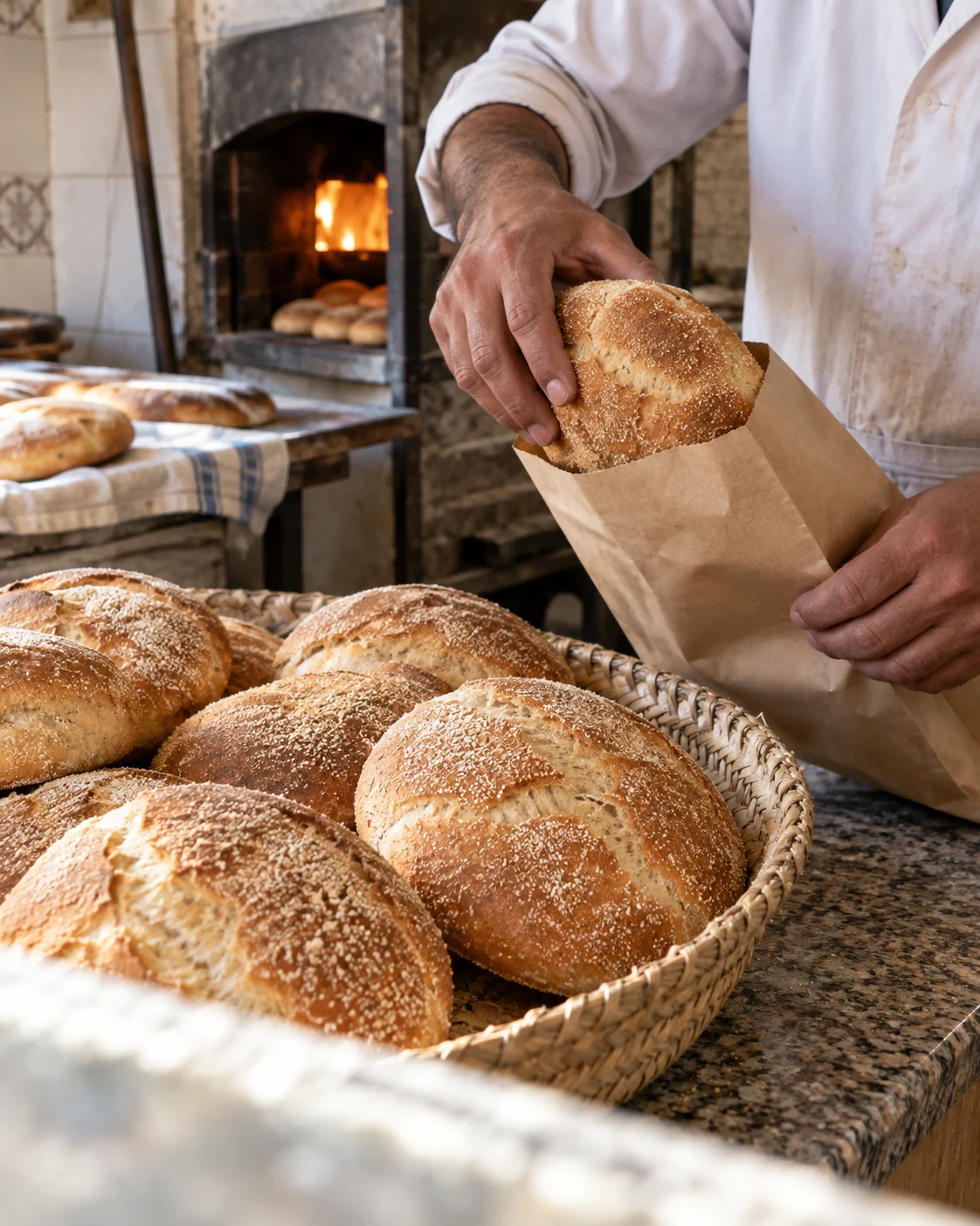 Baker placing a fresh round loaf into a paper bag at a neighborhood bakery