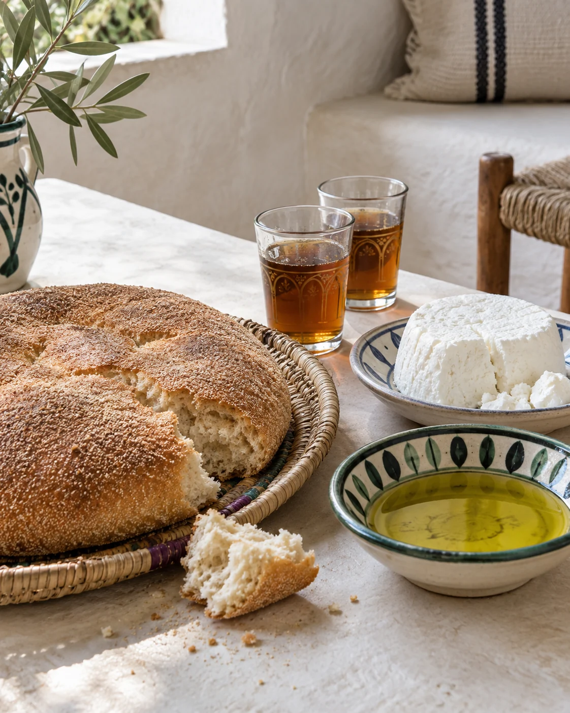Round khobz with fresh cheese, olive oil and two small tea glasses