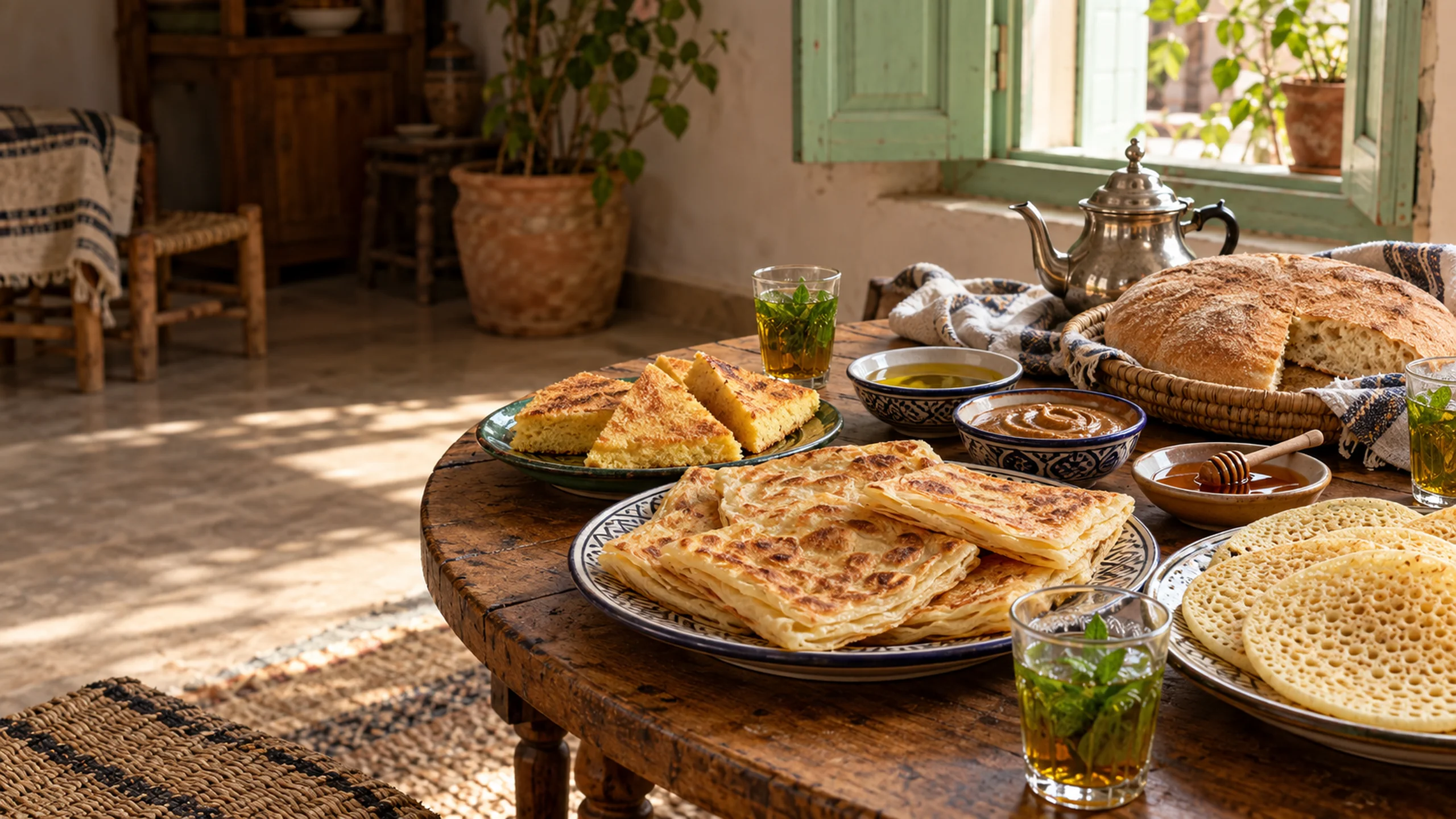 Khobz, layered msemen, harcha and baghrir on a sunlit Moroccan breakfast table