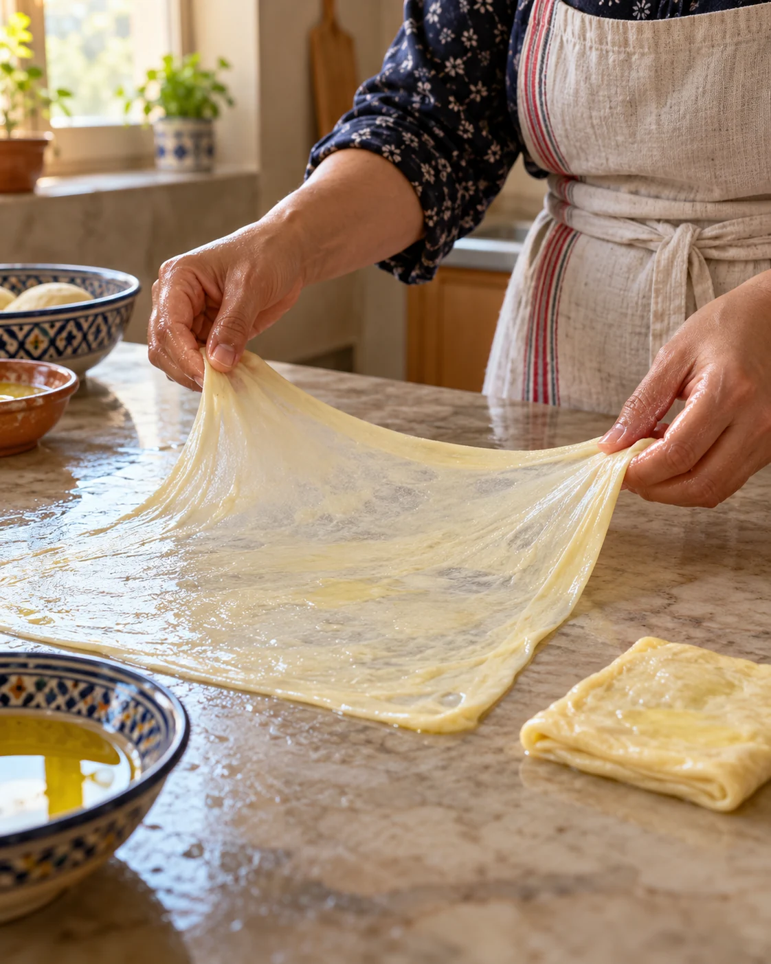 Hands stretching a thin sheet of msemen dough before folding it