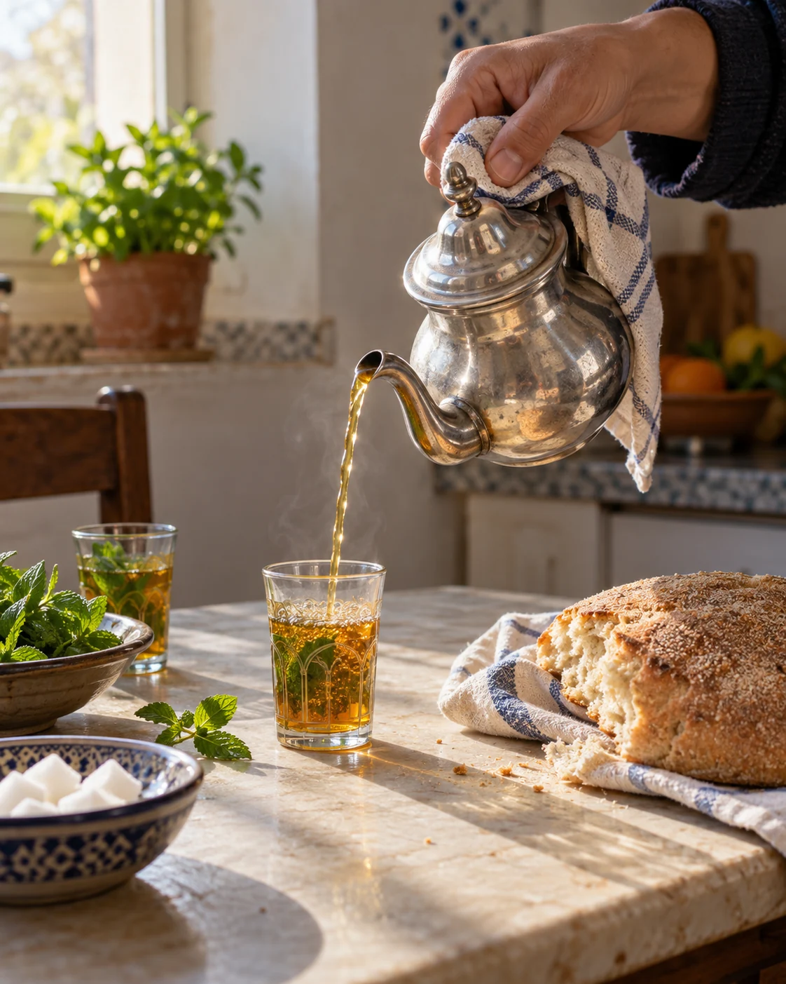 An adult pours Moroccan mint tea beside bread in a bright home kitchen
