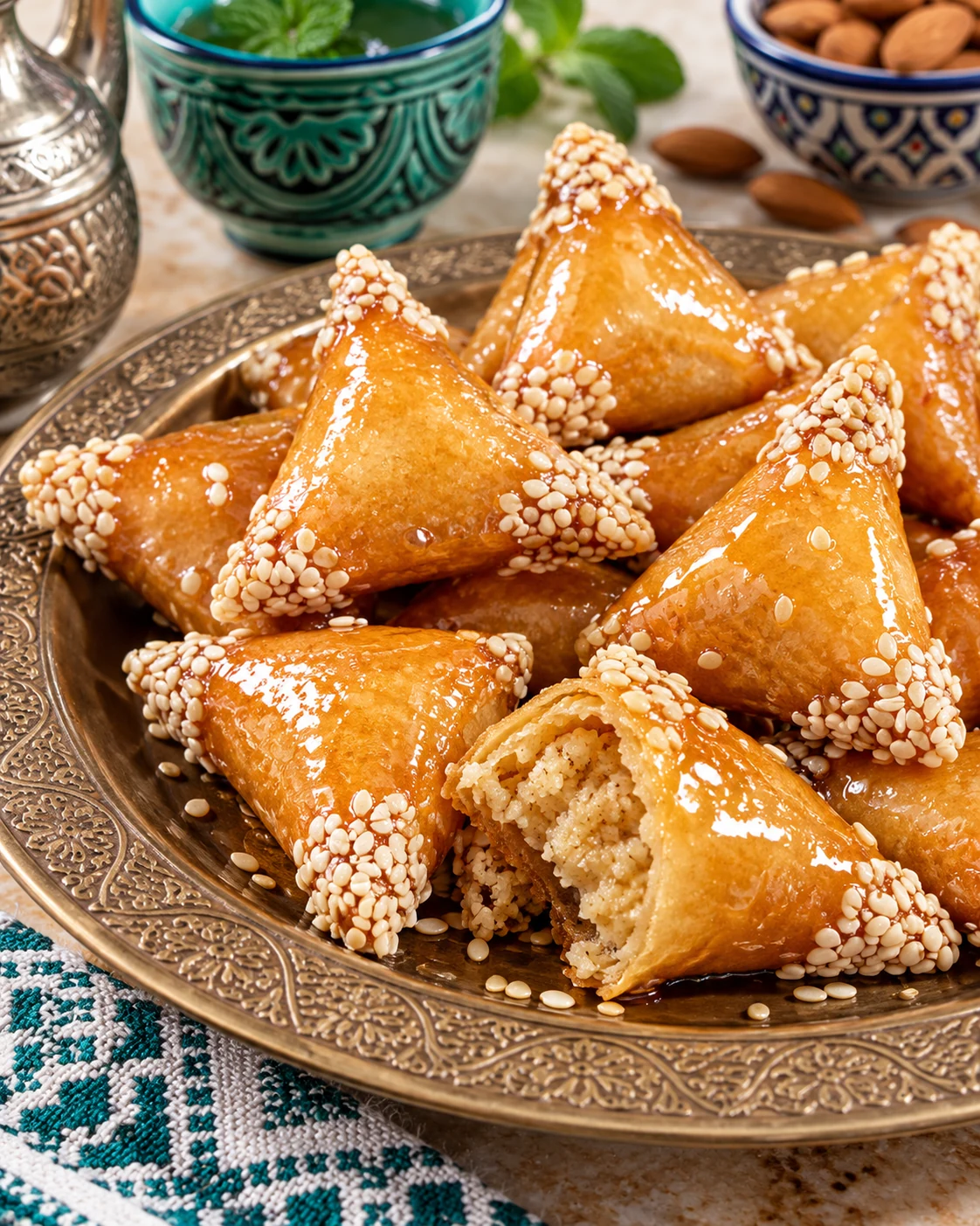 Sweet almond briouats glazed with honey and sesame
