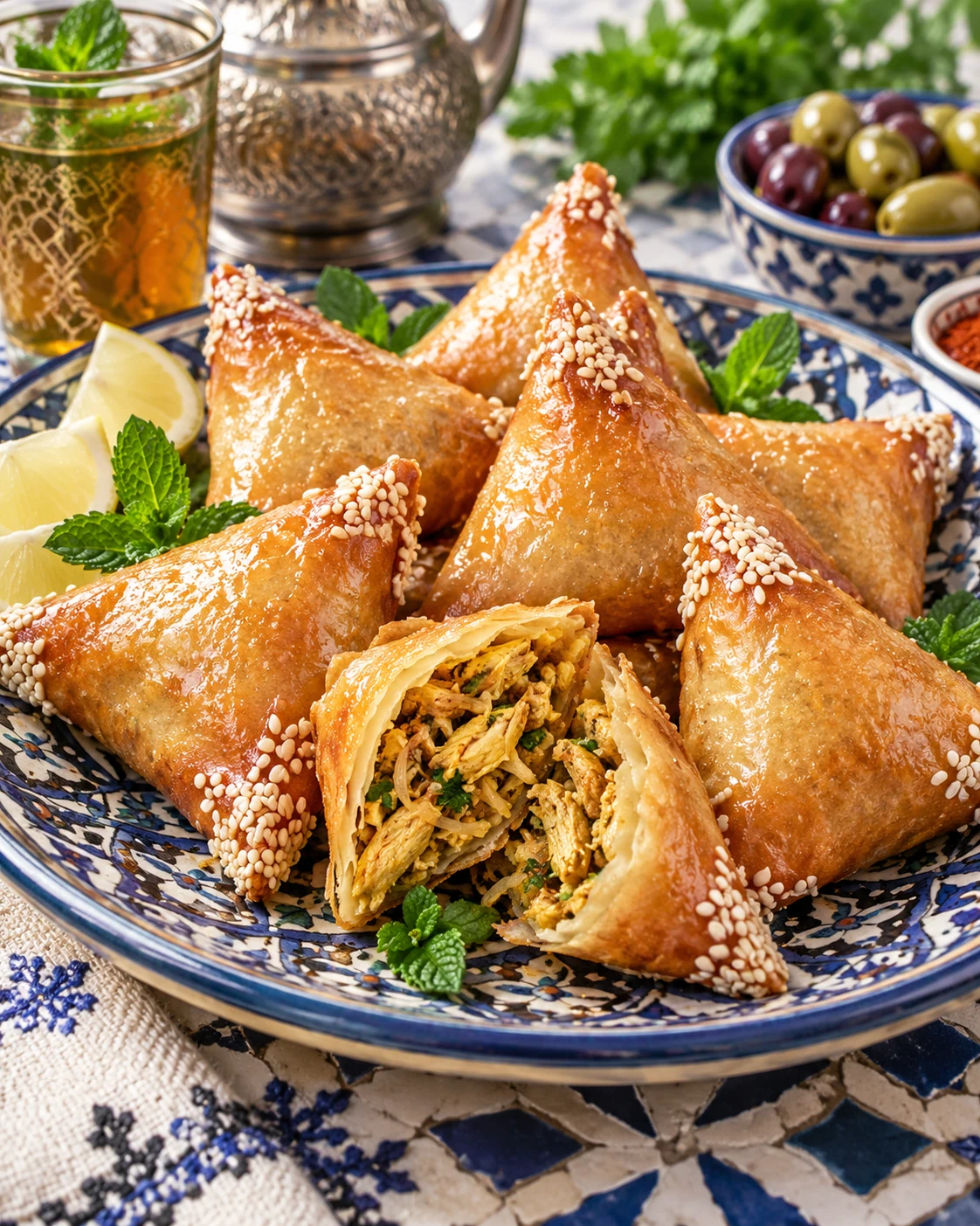 Chicken briouats on a Moroccan plate with mint tea