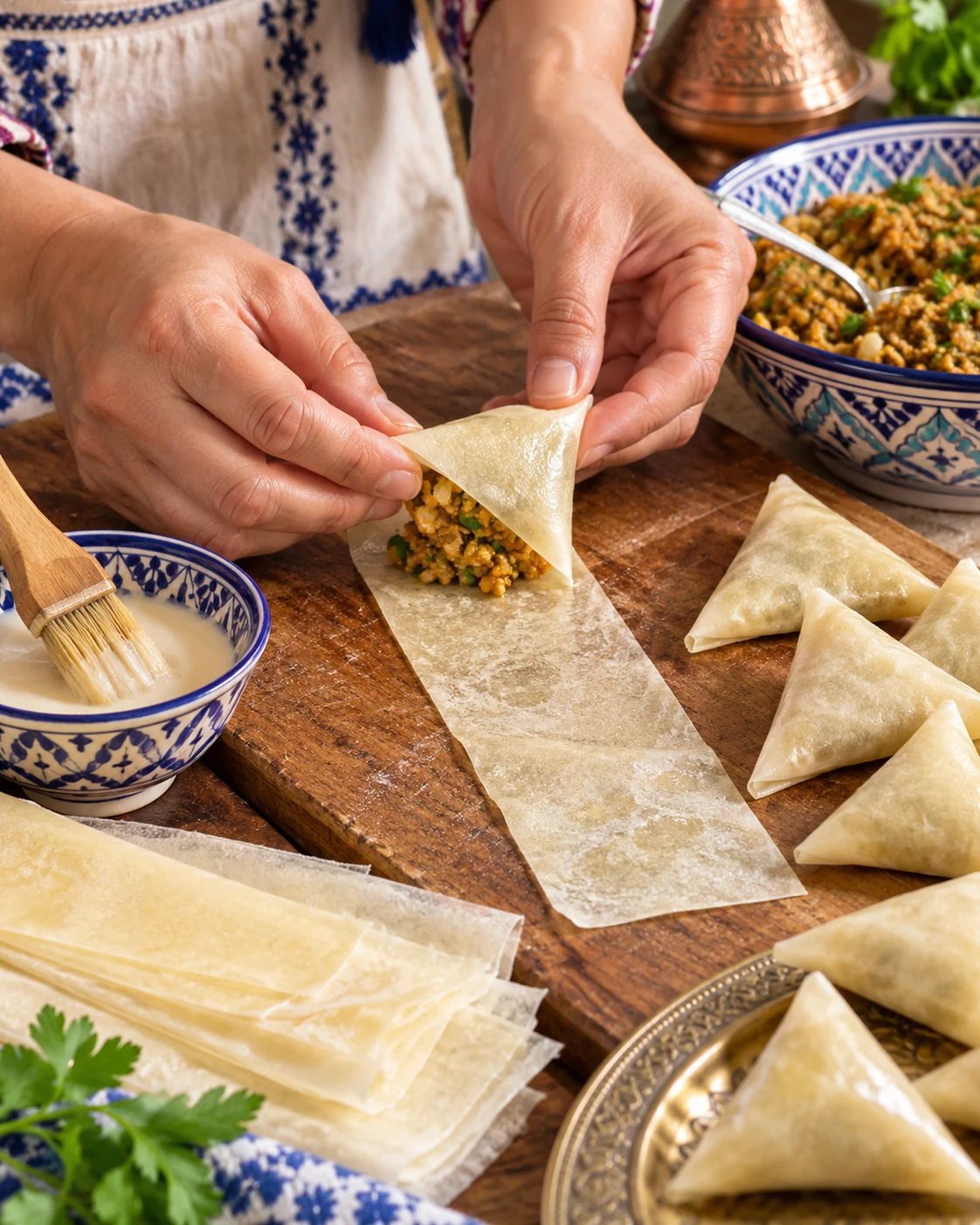 Close-up of folding Moroccan briouats with warqa pastry and filling