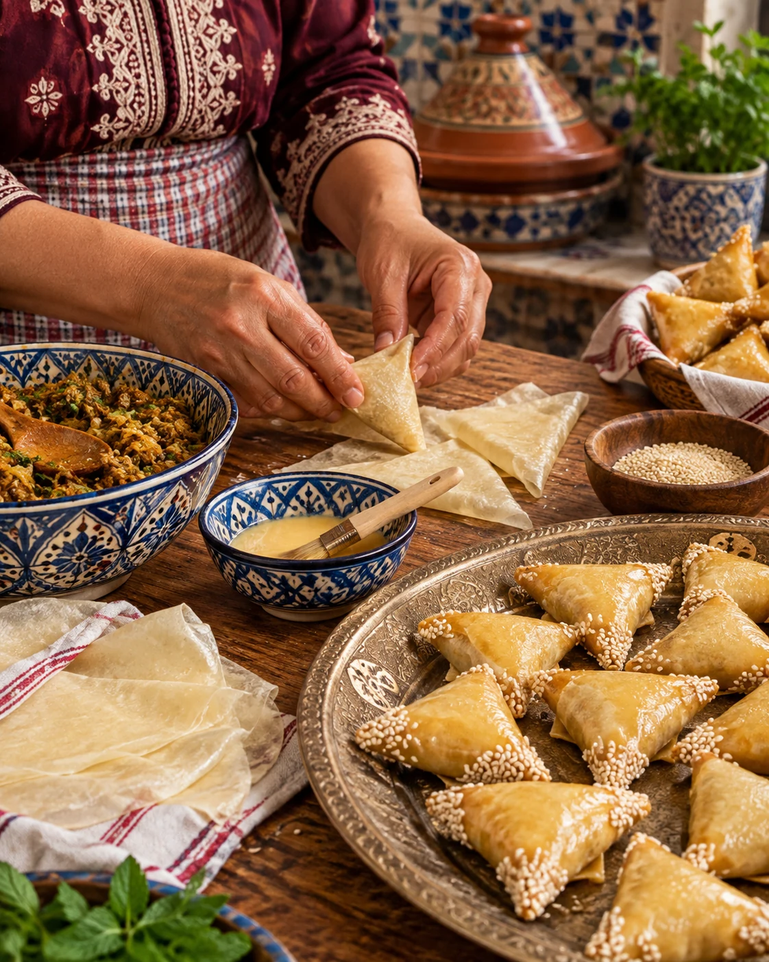 Hands preparing Moroccan briouats with pastry sheets and trays