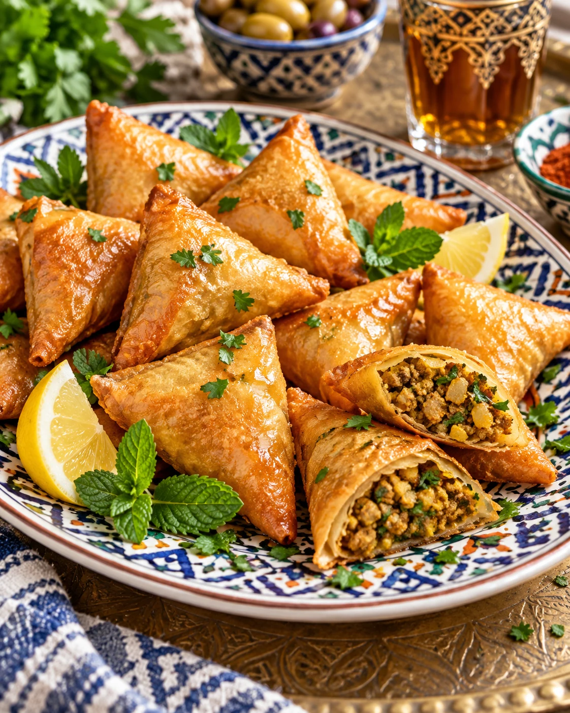 Savory Moroccan briouats on a ceramic plate with mint and lemon