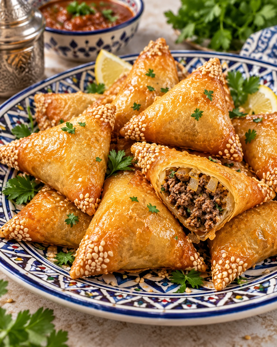 Kefta briouats on a patterned plate