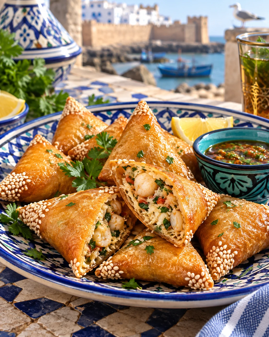Seafood briouats with herbs and lemon