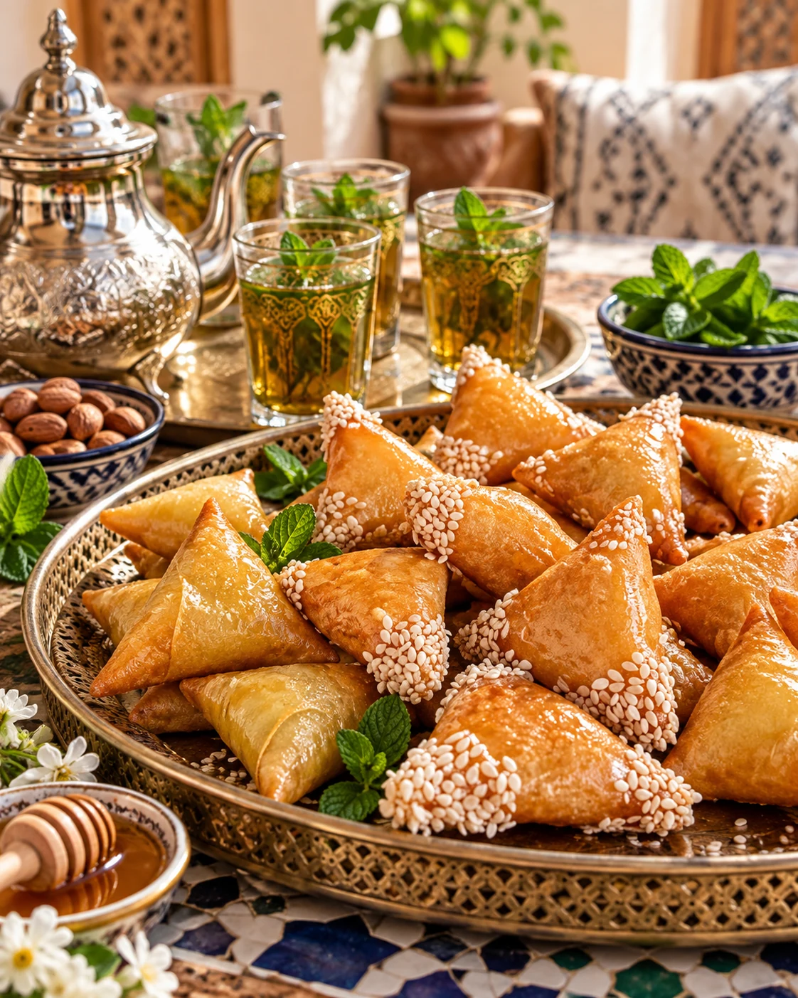 Moroccan briouats served with mint tea on a welcoming table