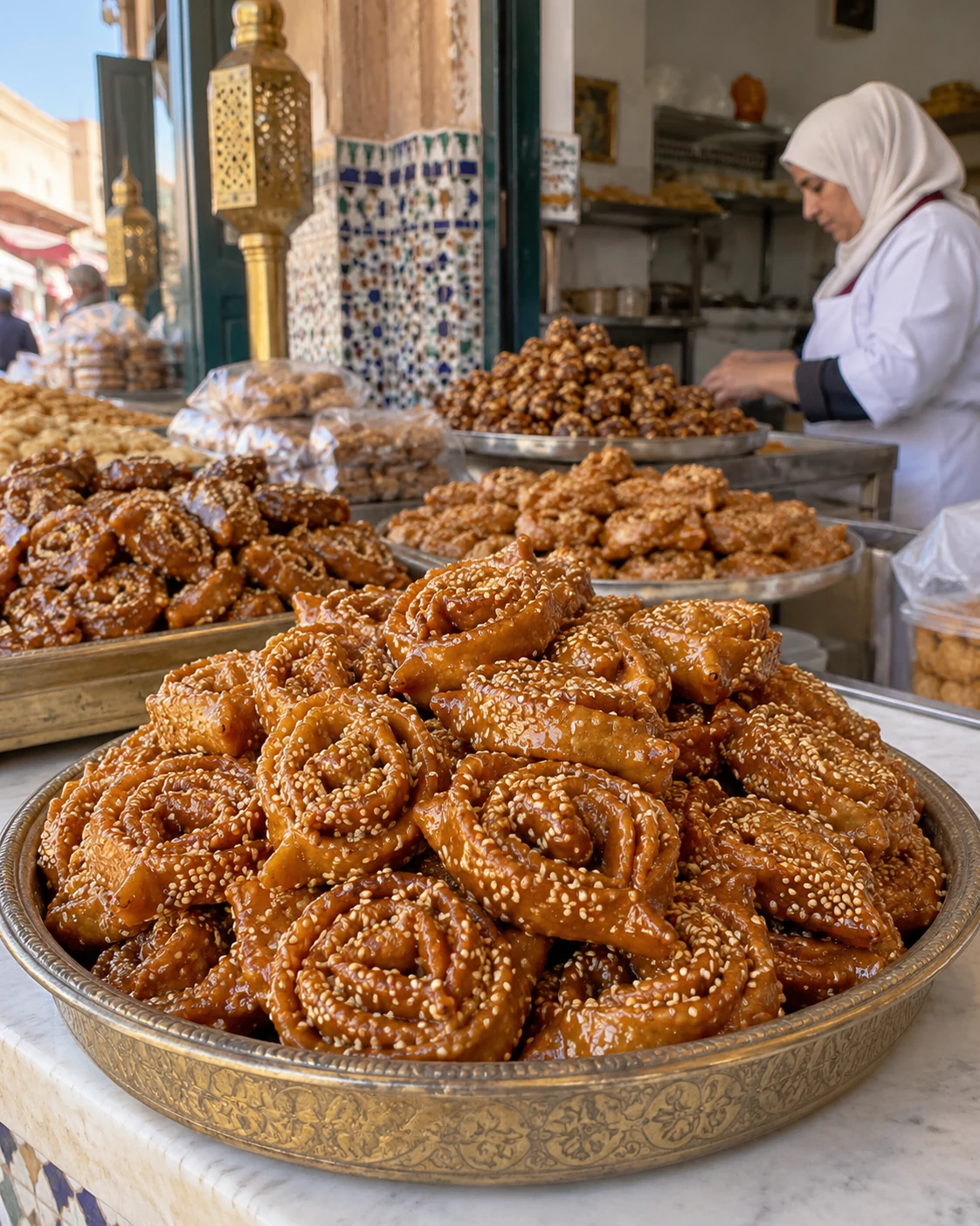Chebakia displayed in trays at a Moroccan pastry shop during the Ramadan season