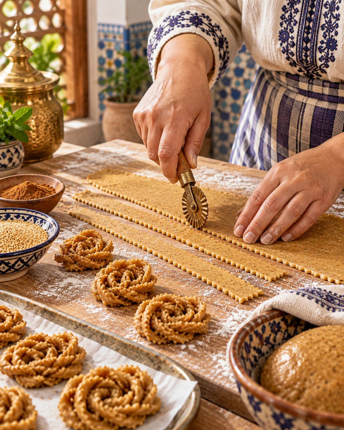 Chebakia dough strips being cut with a fluted pastry wheel before shaping
