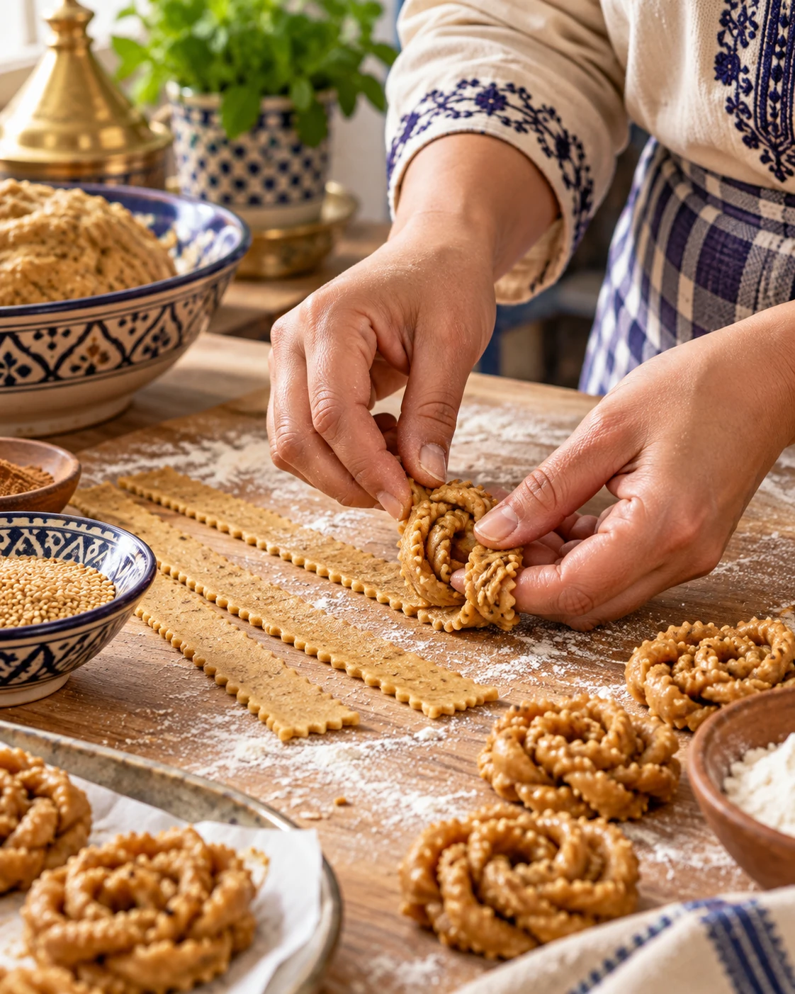 Hands folding strips of chebakia dough into a flower-like form