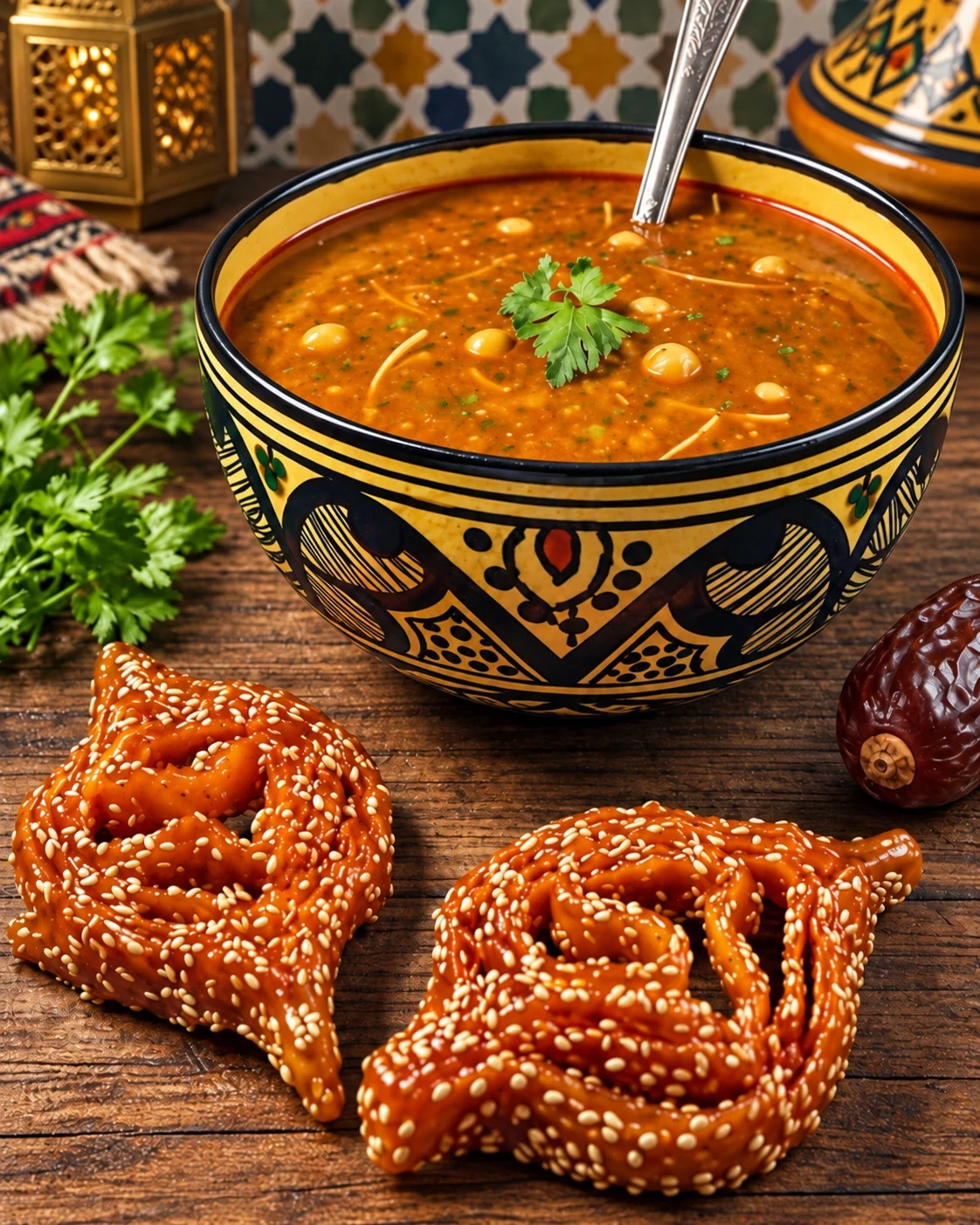Harira with chebakia and a date in a Moroccan table setting
